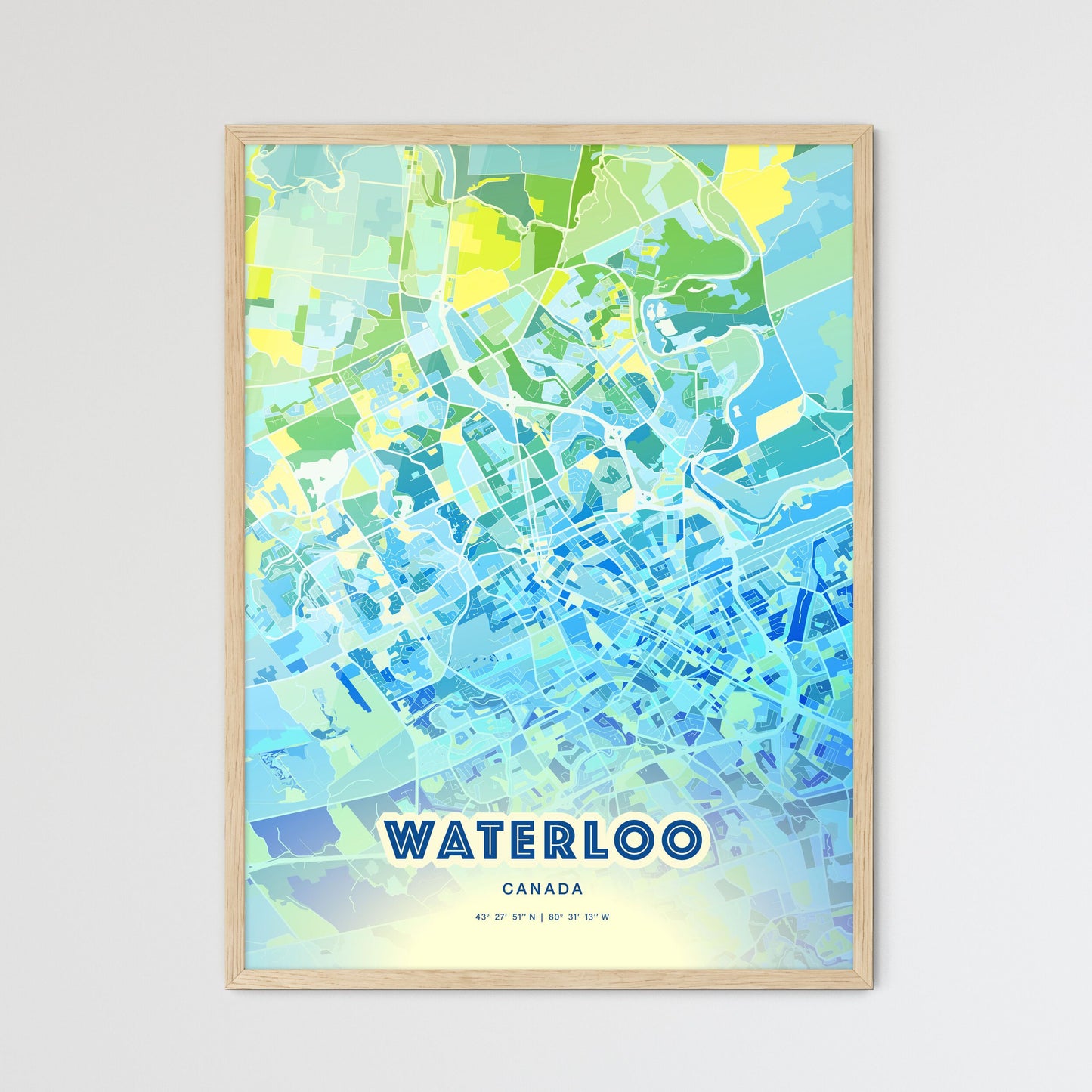 Colorful Waterloo Canada Fine Art Map Cool Blue