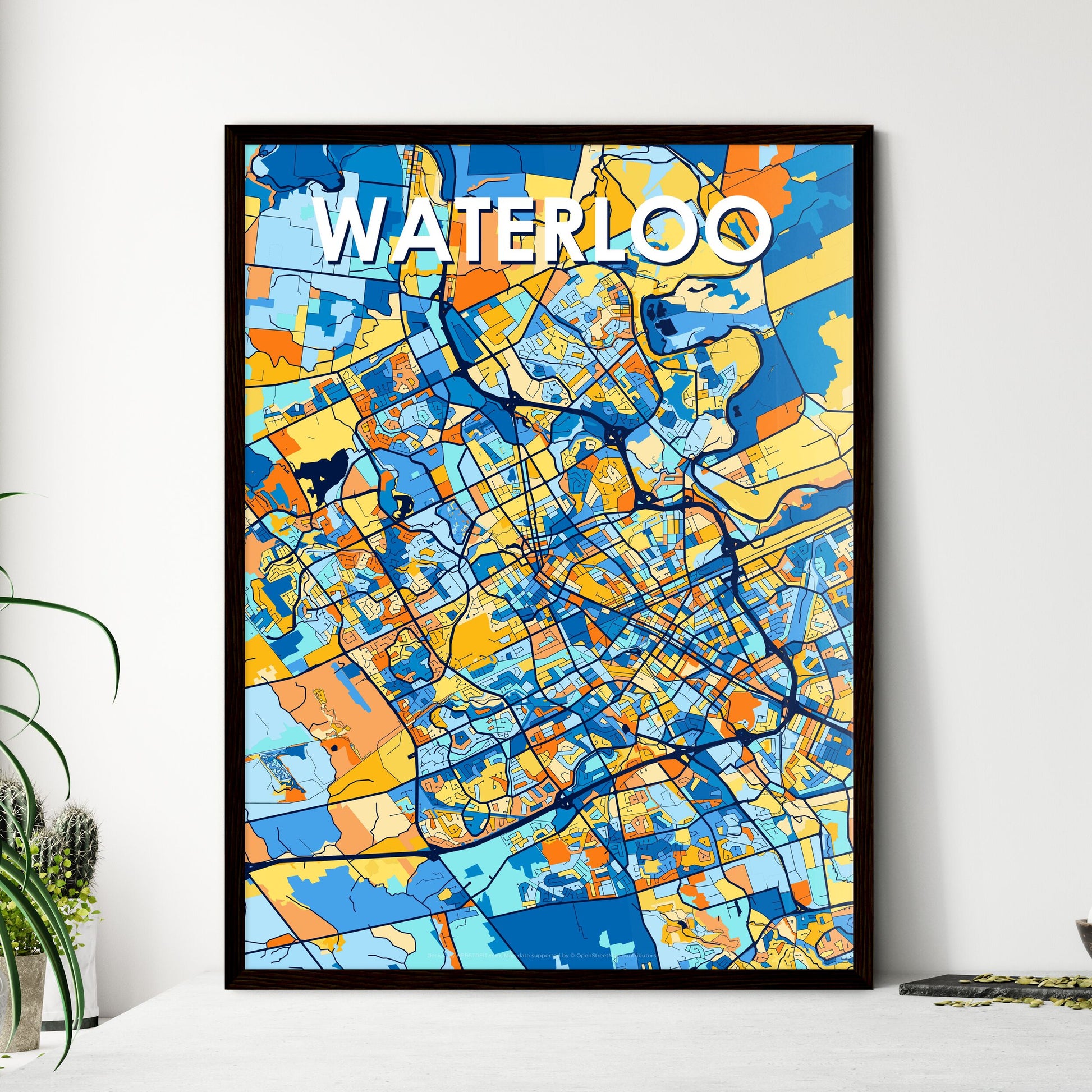 WATERLOO CANADA Vibrant Colorful Art Map Poster Blue Orange