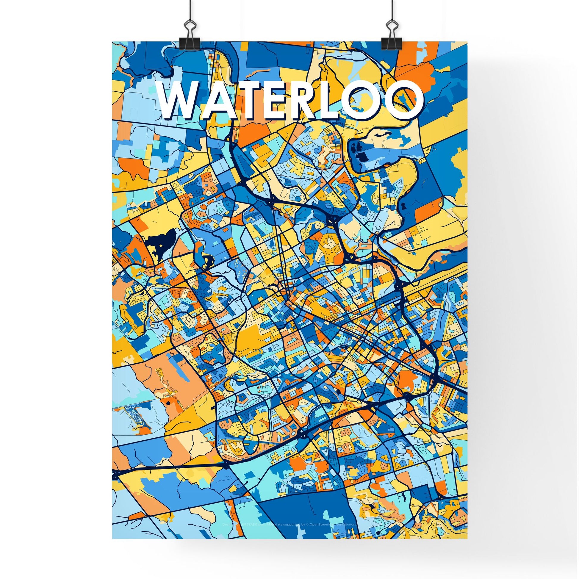 WATERLOO CANADA Vibrant Colorful Art Map Poster Blue Orange