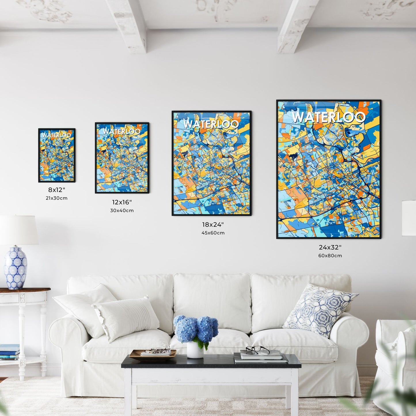 WATERLOO CANADA Vibrant Colorful Art Map Poster Blue Orange