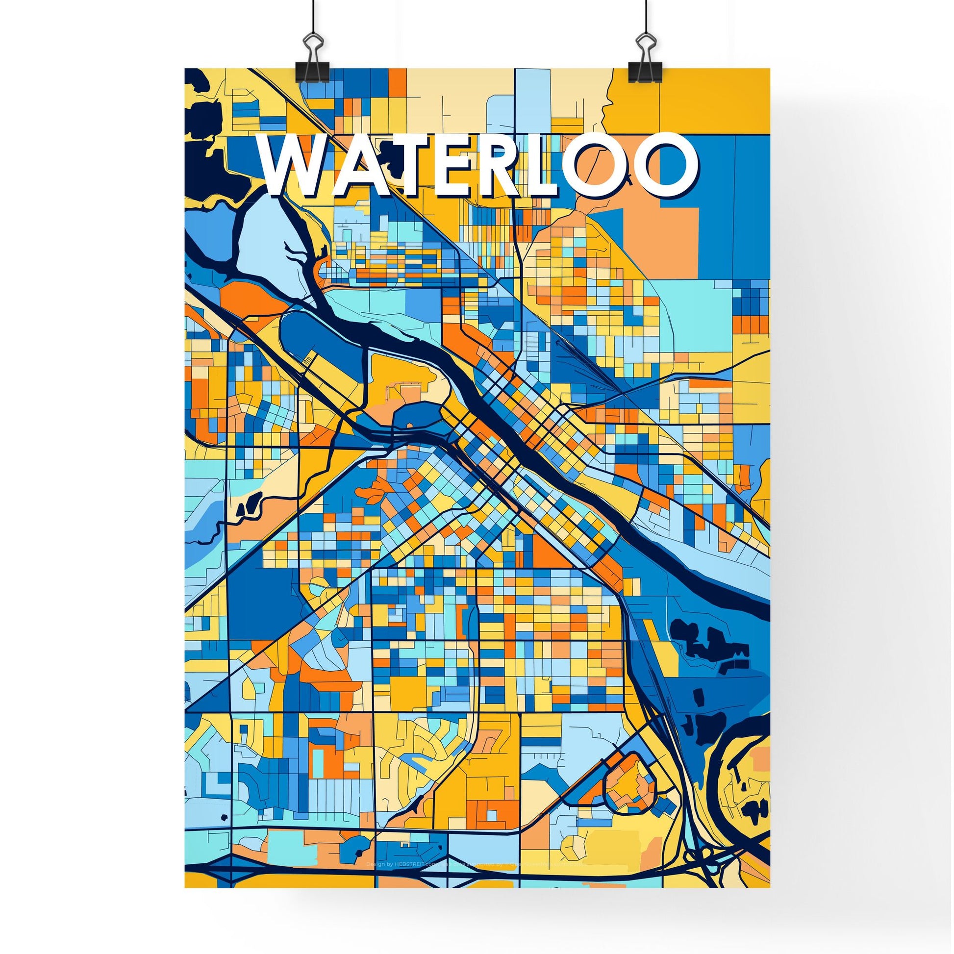 WATERLOO IOWA Vibrant Colorful Art Map Poster Blue Orange