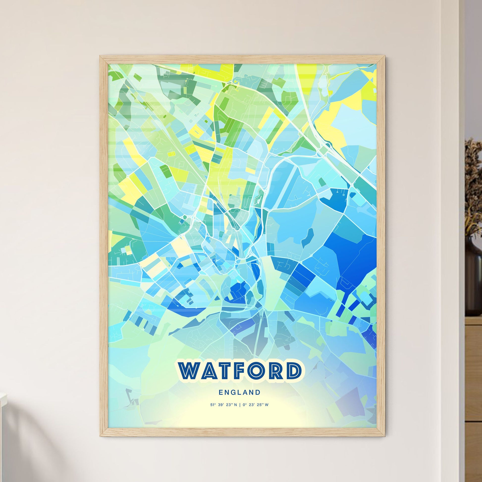 Colorful Watford England Fine Art Map Cool Blue