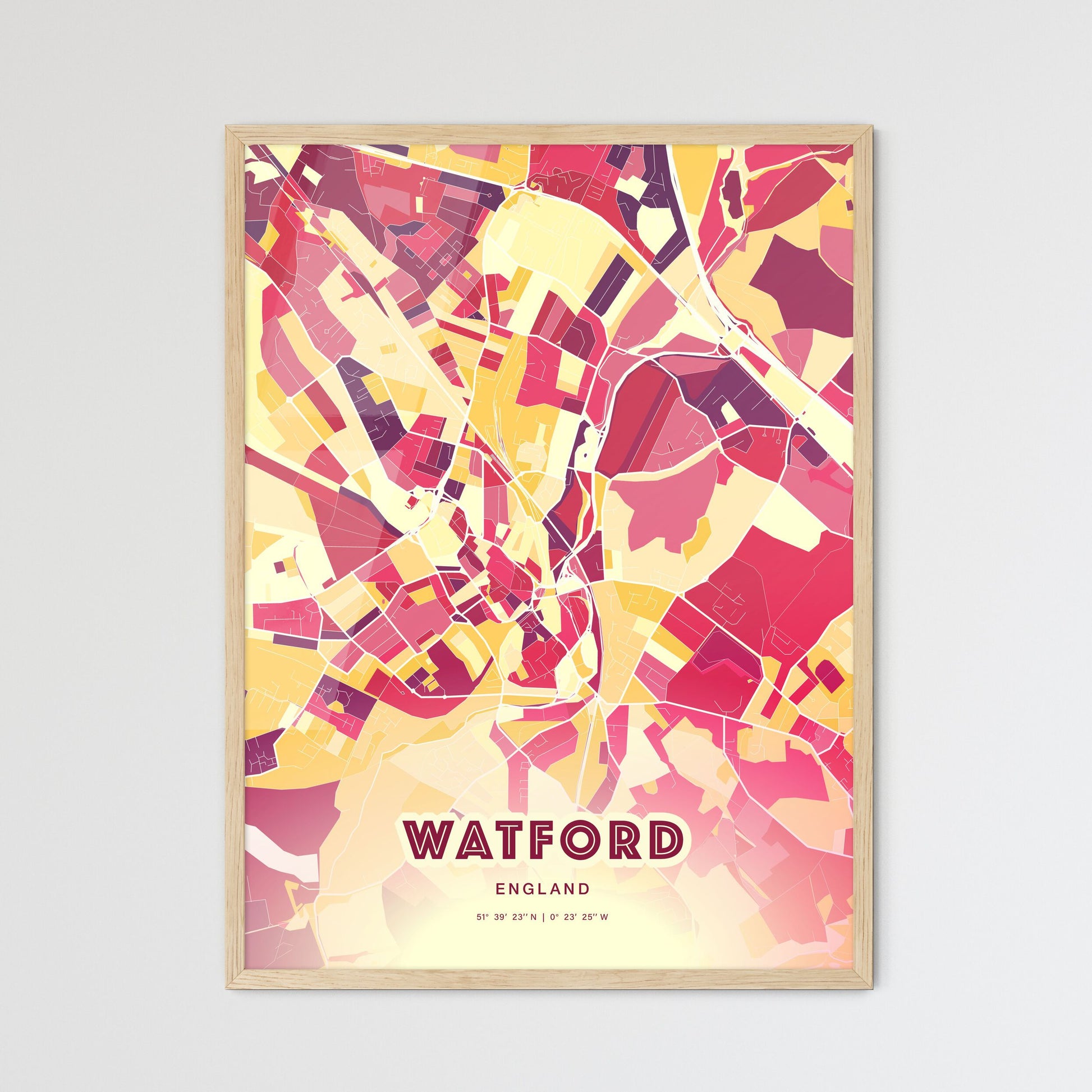 Colorful Watford England Fine Art Map Hot Red
