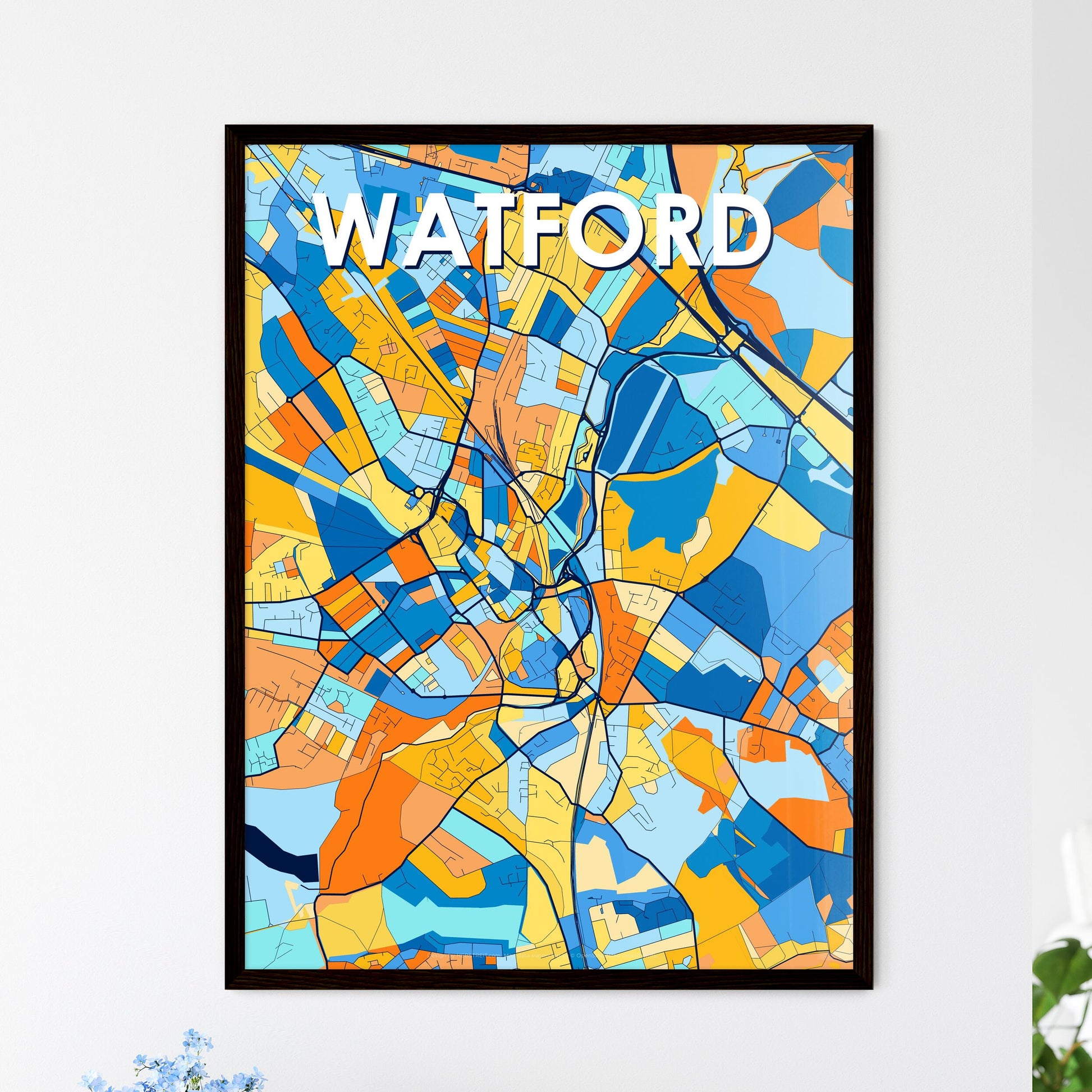 WATFORD ENGLAND Vibrant Colorful Art Map Poster Blue Orange