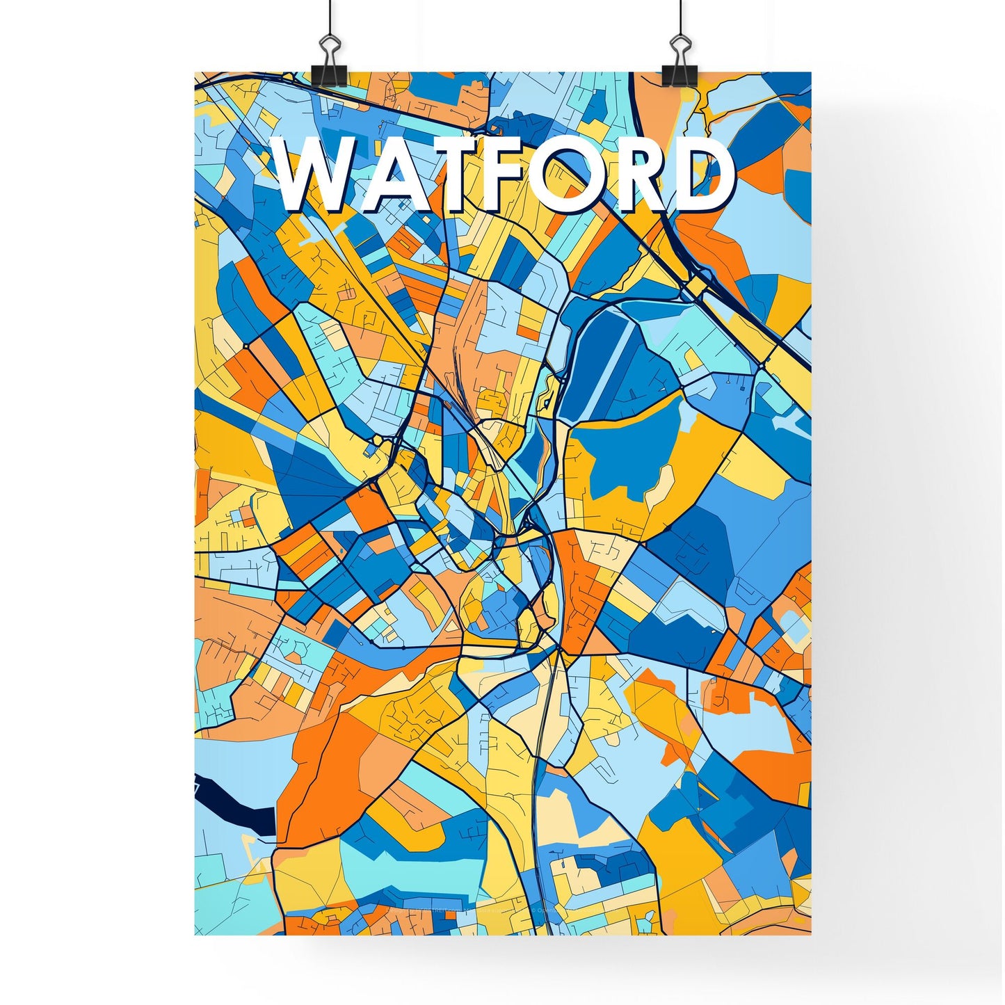 WATFORD ENGLAND Vibrant Colorful Art Map Poster Blue Orange