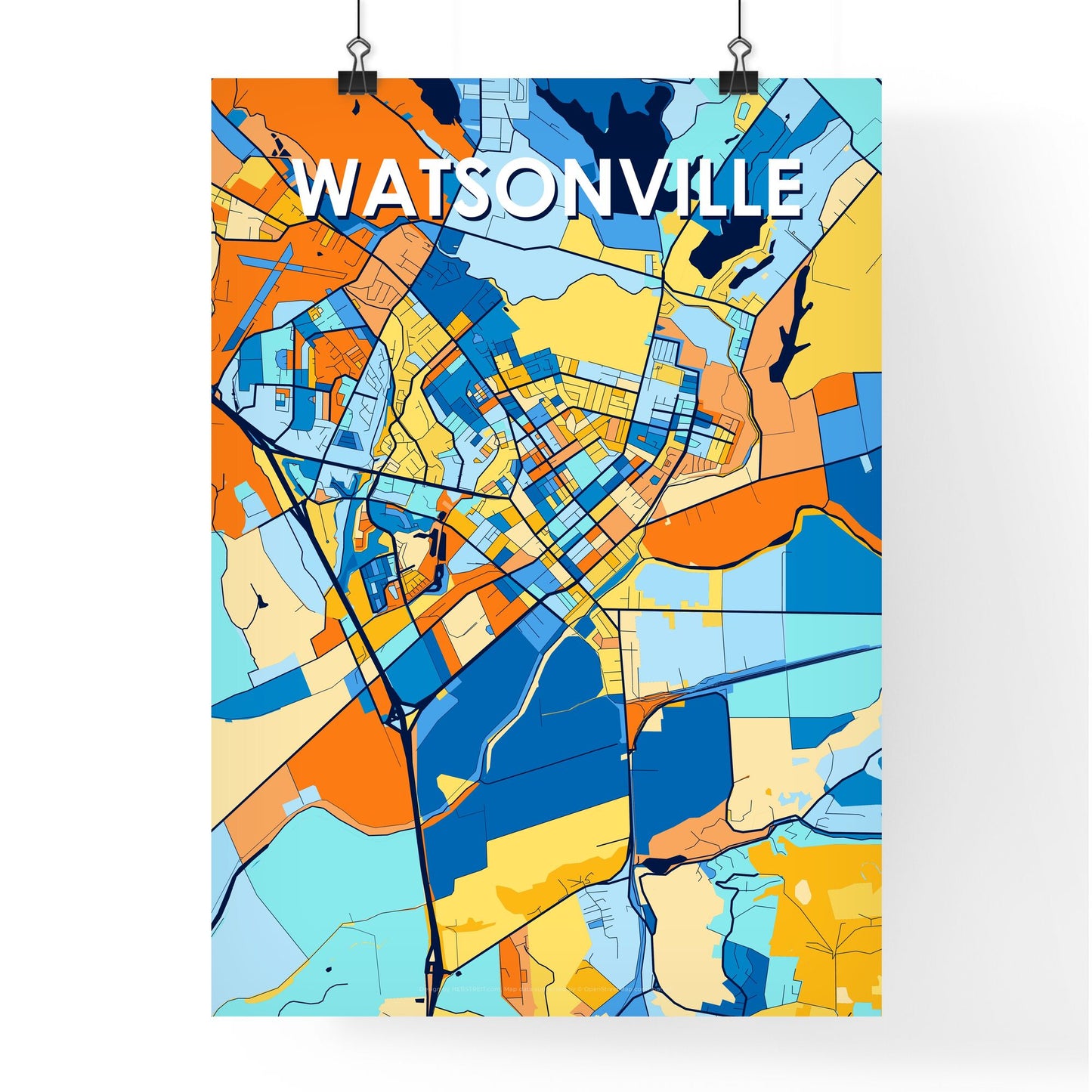 WATSONVILLE CALIFORNIA Vibrant Colorful Art Map Poster Blue Orange