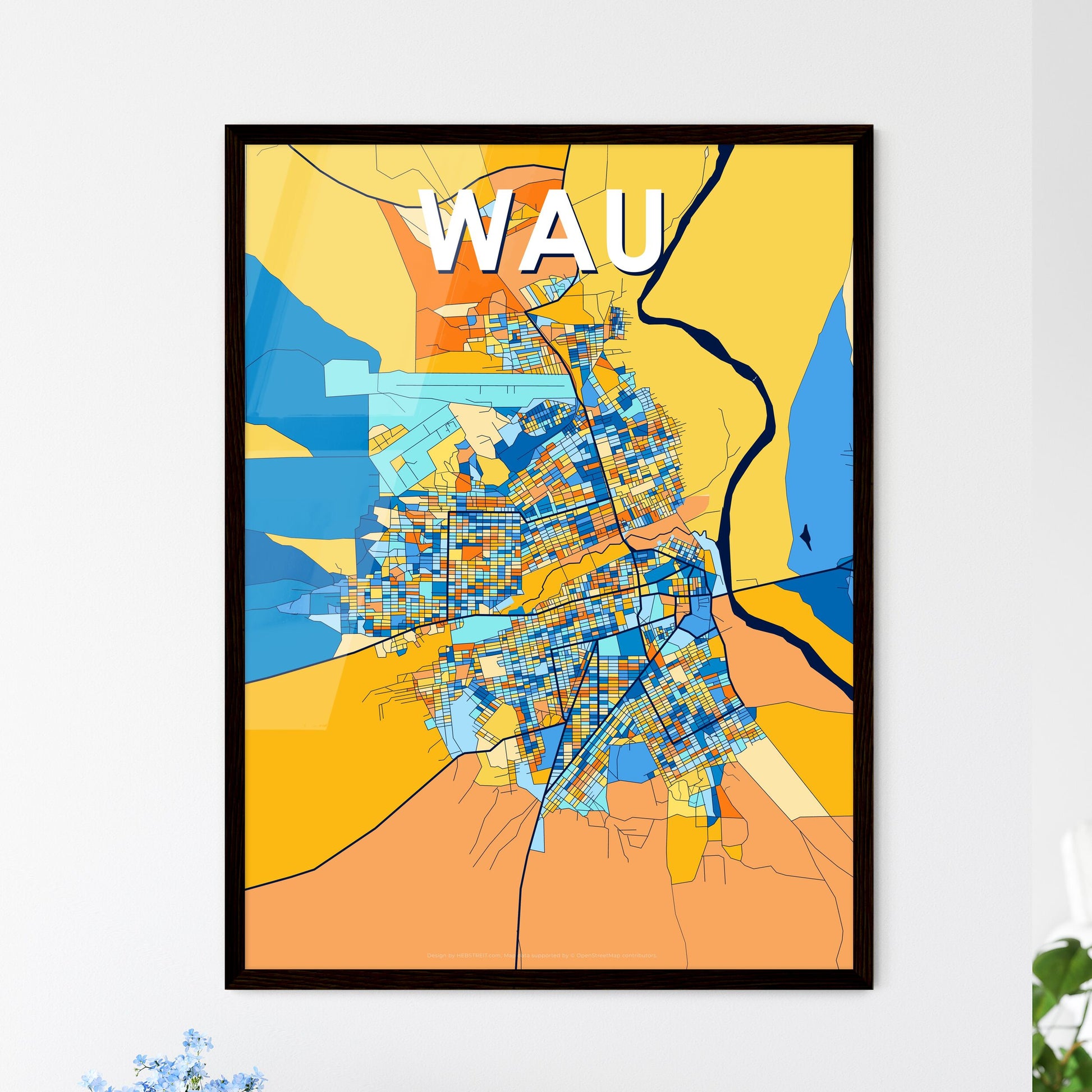 WAU SOUTH SUDAN Vibrant Colorful Art Map Poster Blue Orange