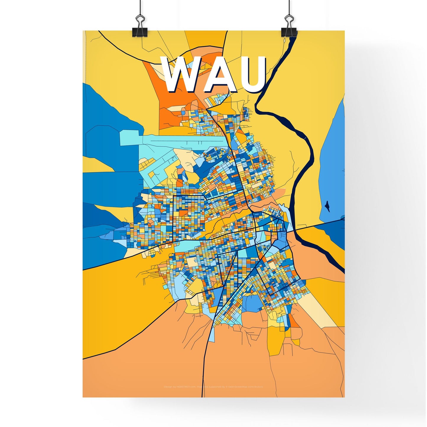 WAU SOUTH SUDAN Vibrant Colorful Art Map Poster Blue Orange