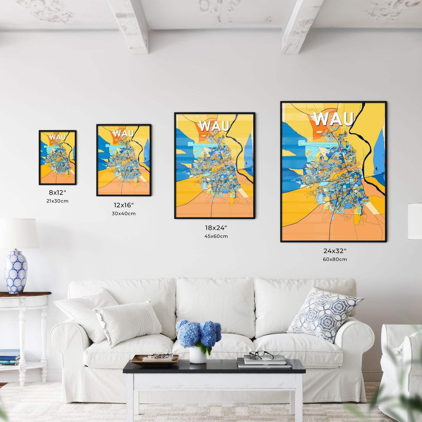 WAU SOUTH SUDAN Vibrant Colorful Art Map Poster Blue Orange