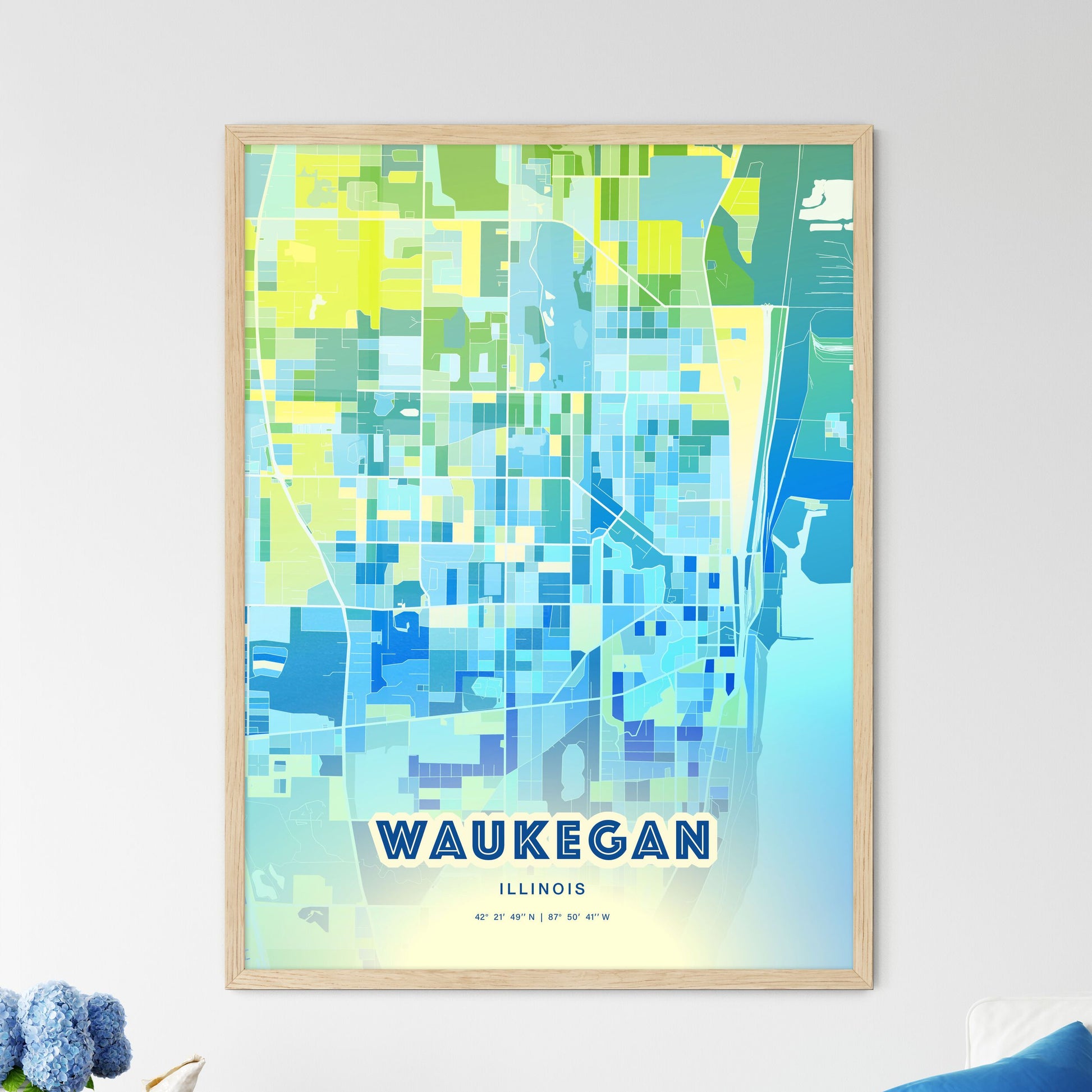 Colorful Waukegan Illinois Fine Art Map Cool Blue