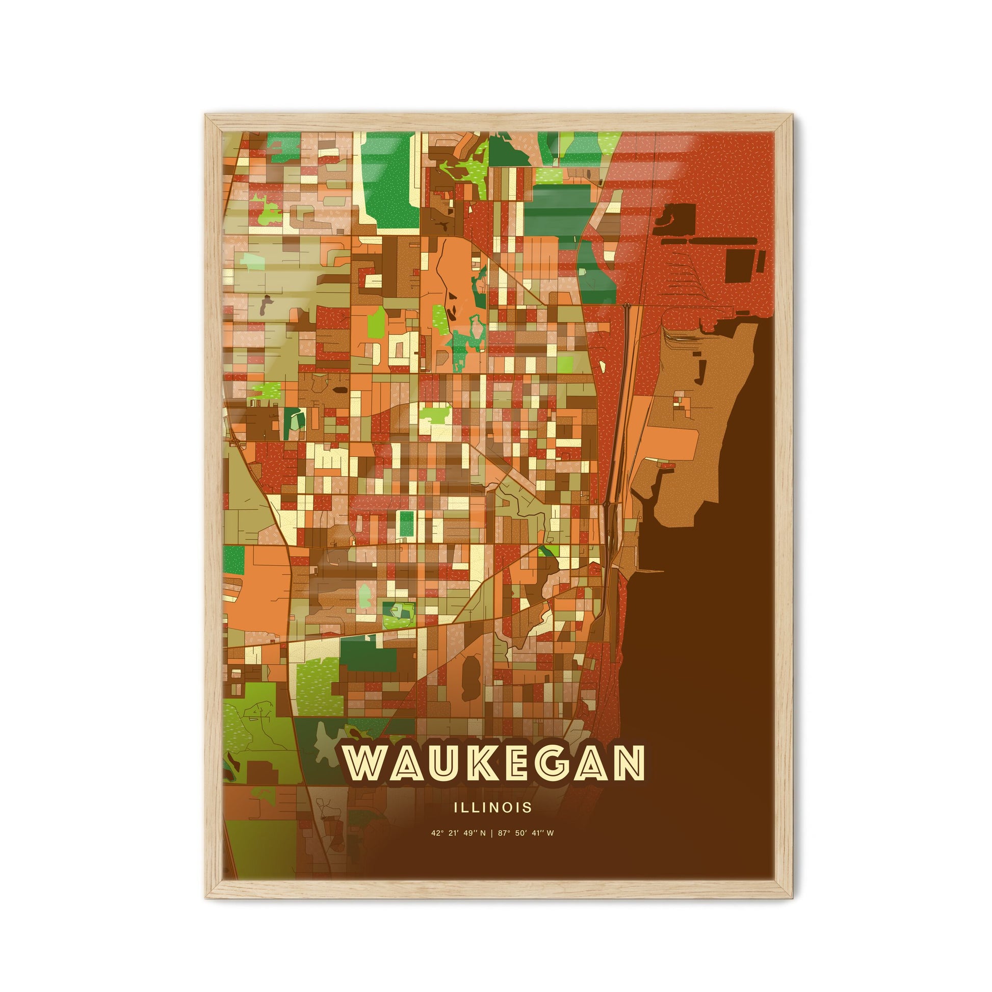 Colorful Waukegan Illinois Fine Art Map Farmhouse