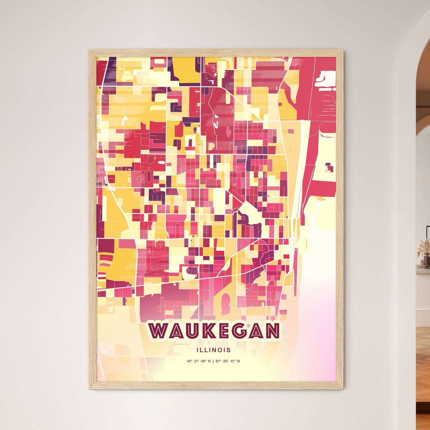Colorful Waukegan Illinois Fine Art Map Hot Red