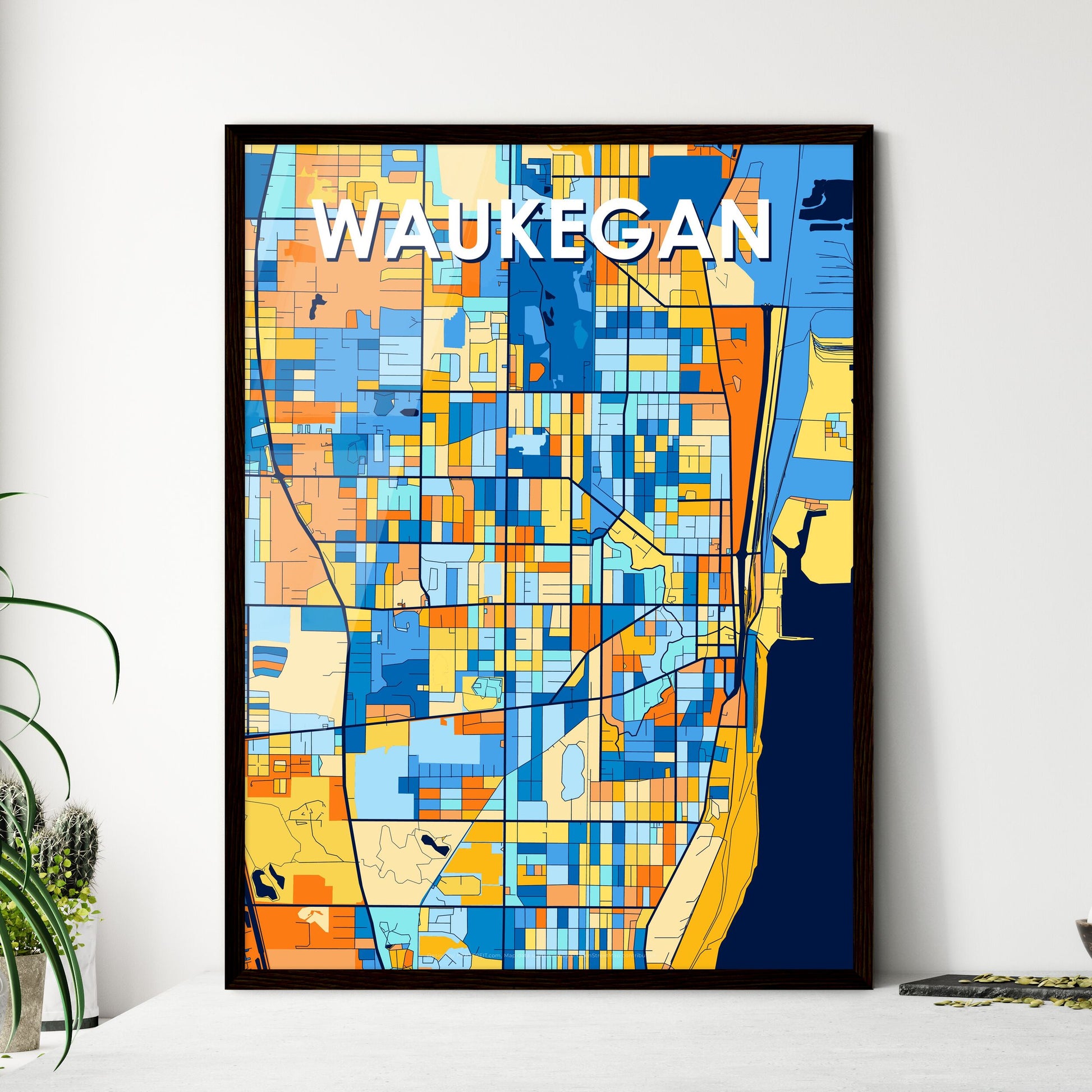 WAUKEGAN ILLINOIS Vibrant Colorful Art Map Poster Blue Orange