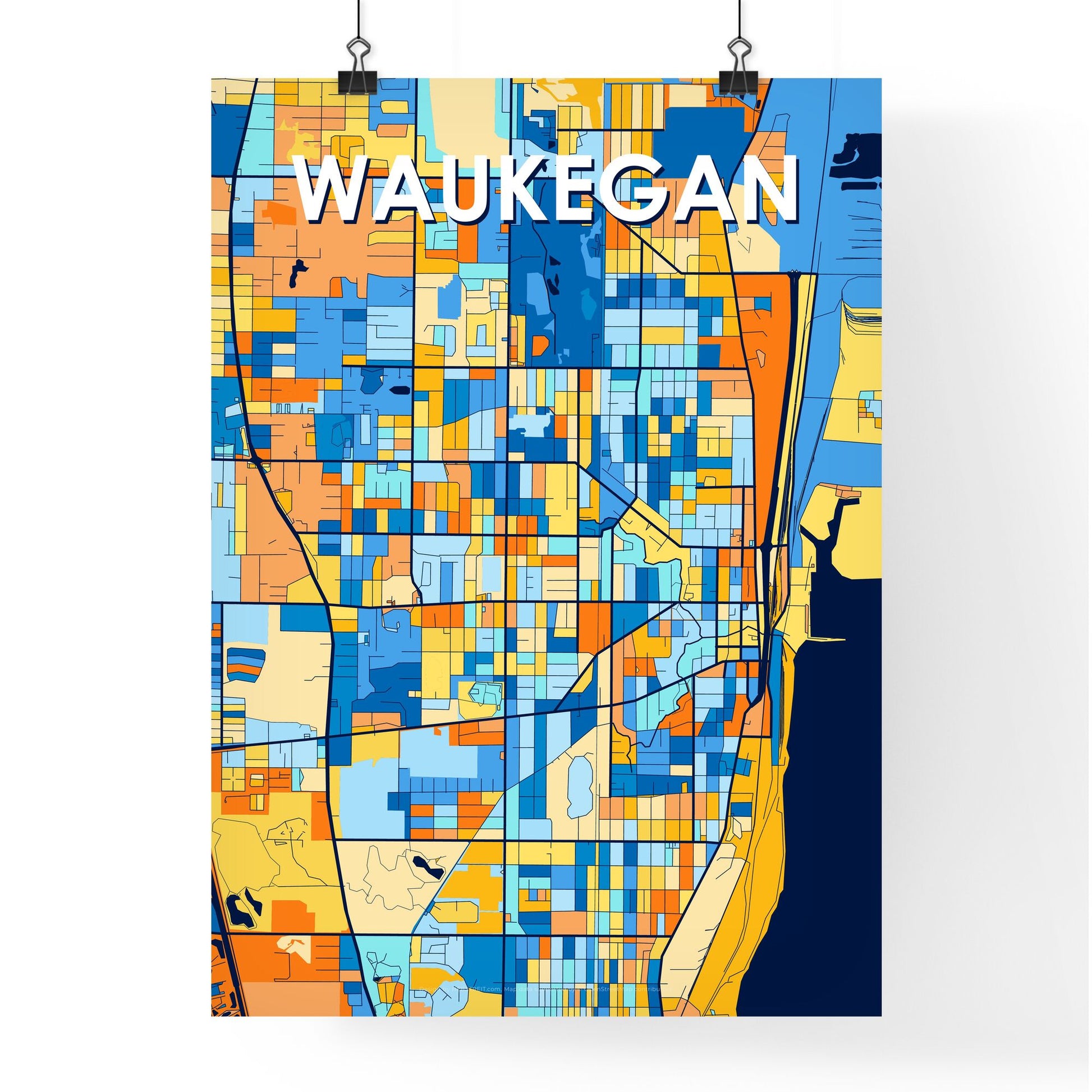 WAUKEGAN ILLINOIS Vibrant Colorful Art Map Poster Blue Orange