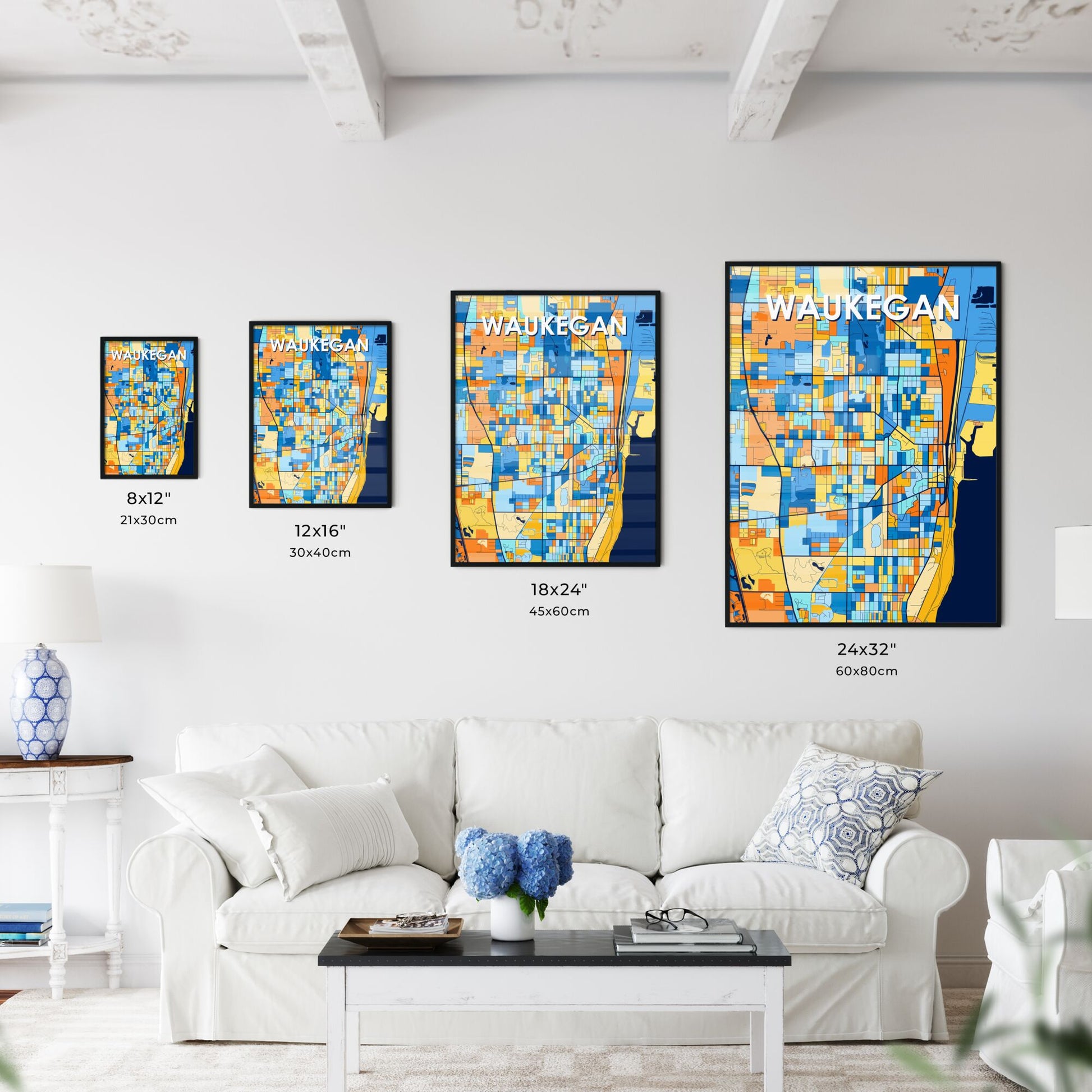 WAUKEGAN ILLINOIS Vibrant Colorful Art Map Poster Blue Orange