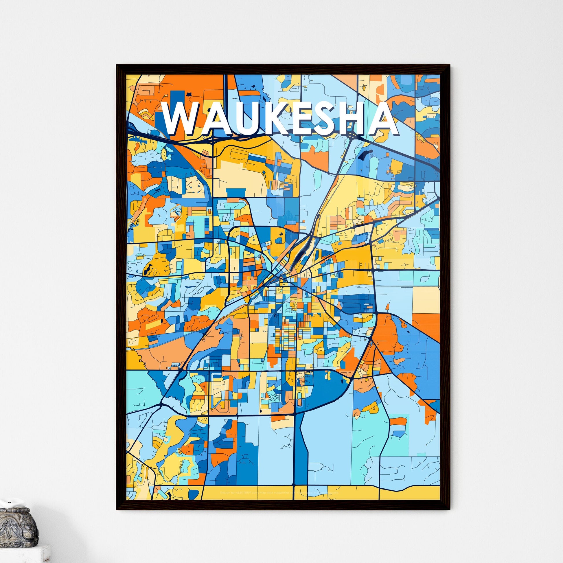 WAUKESHA WISCONSIN Vibrant Colorful Art Map Poster Blue Orange