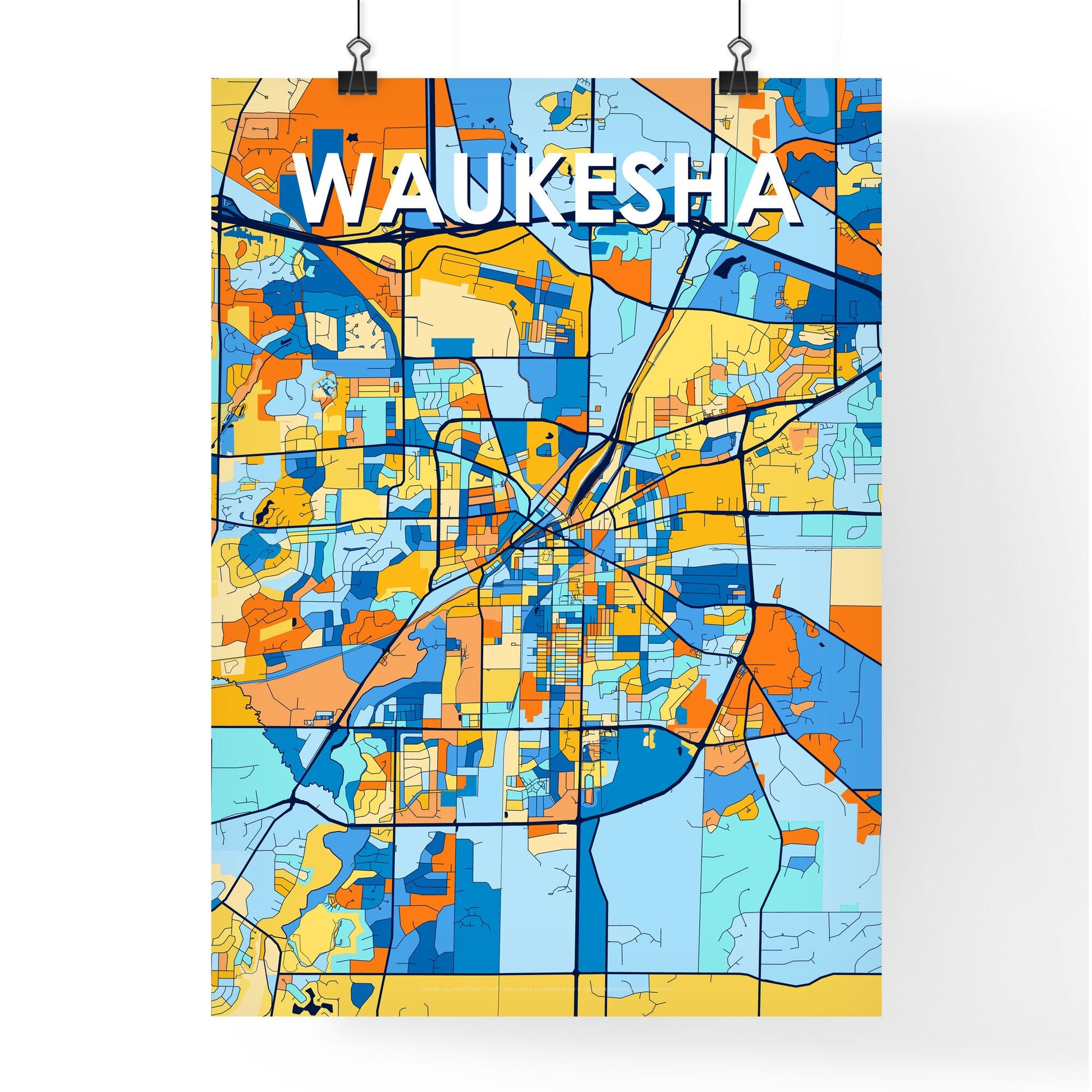 WAUKESHA WISCONSIN Vibrant Colorful Art Map Poster Blue Orange