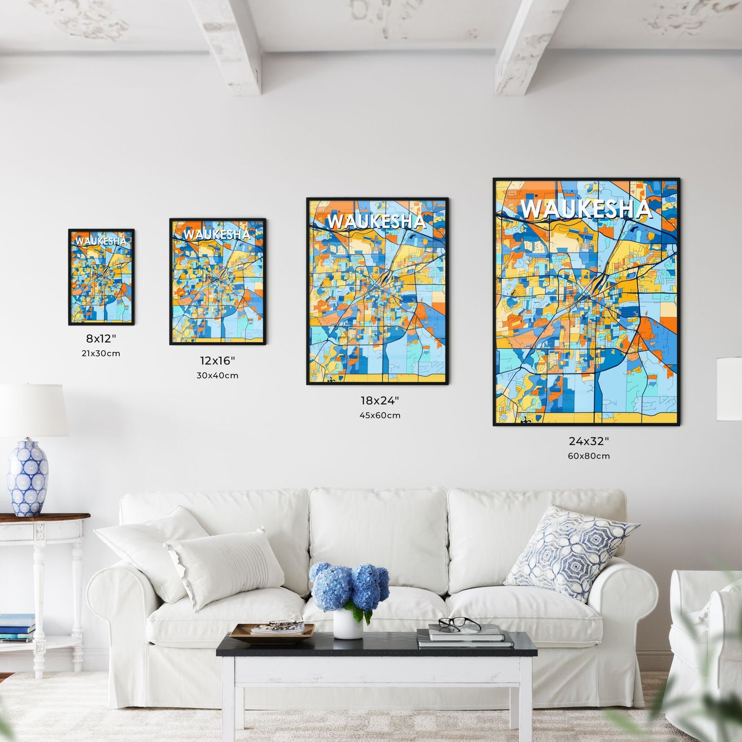 WAUKESHA WISCONSIN Vibrant Colorful Art Map Poster Blue Orange