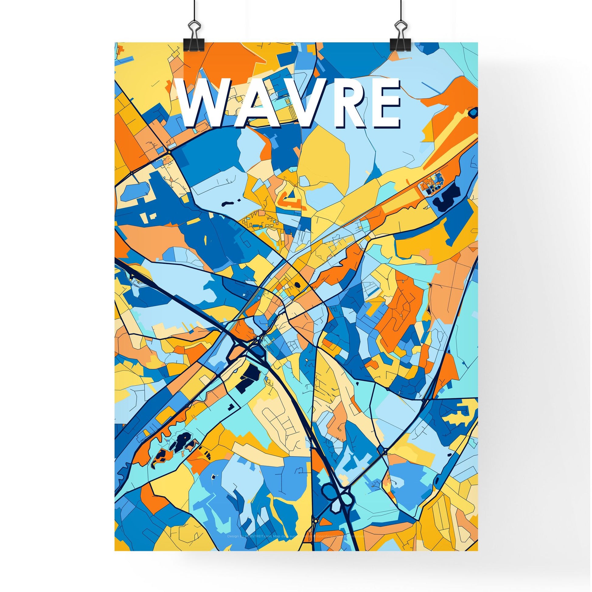 WAVRE BELGIUM Vibrant Colorful Art Map Poster Blue Orange