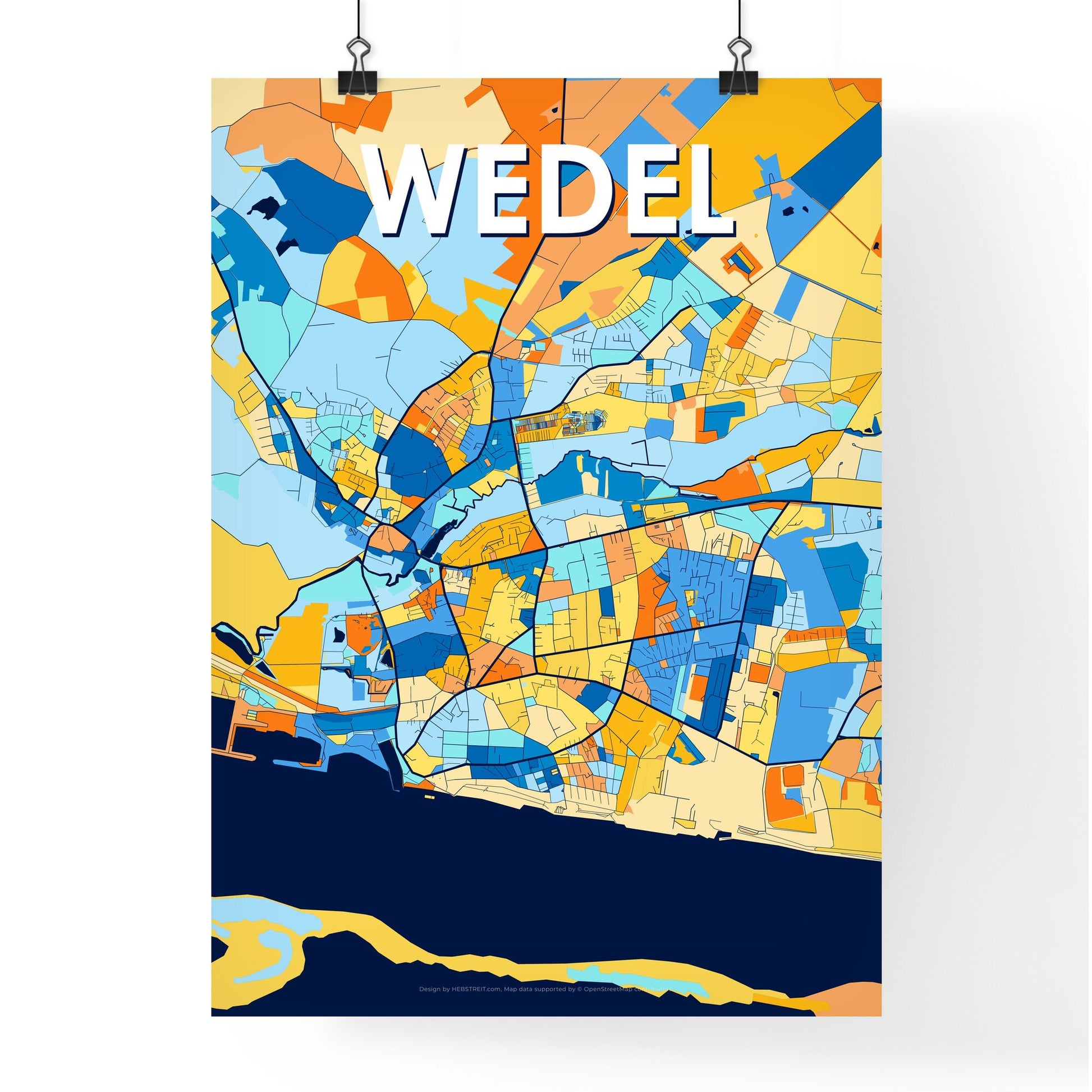 WEDEL GERMANY Vibrant Colorful Art Map Poster Blue Orange