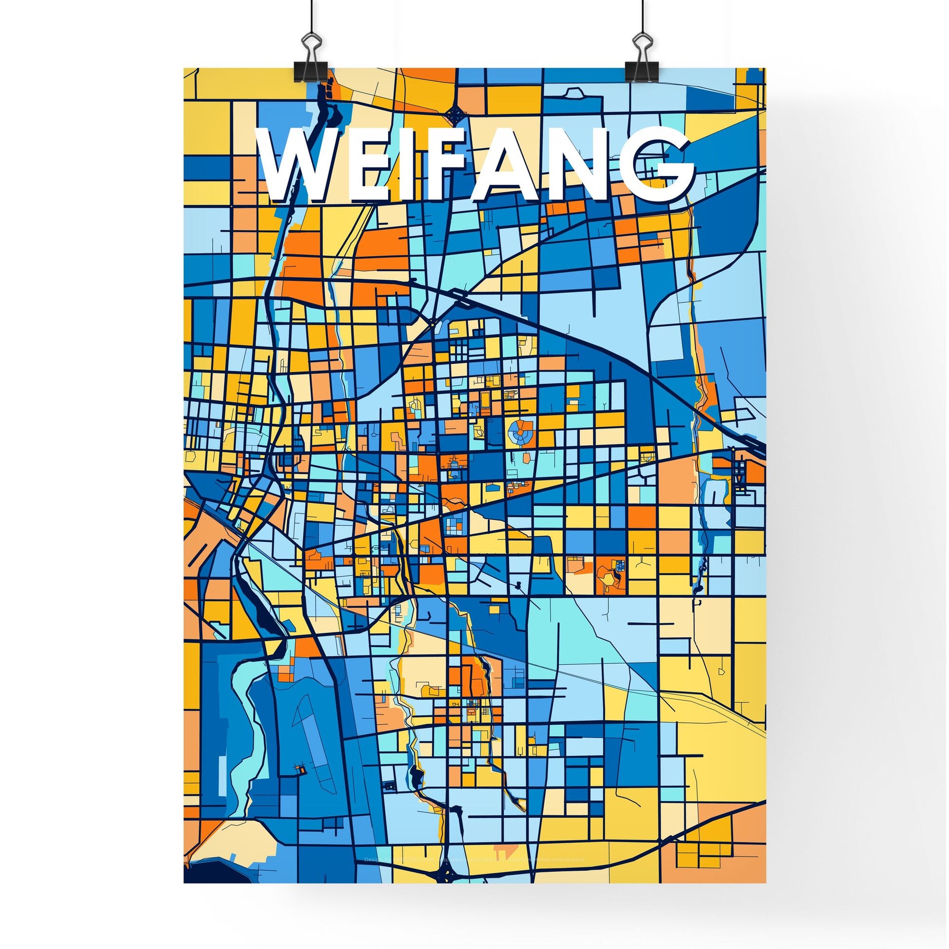 WEIFANG CHINA Vibrant Colorful Art Map Poster Blue Orange