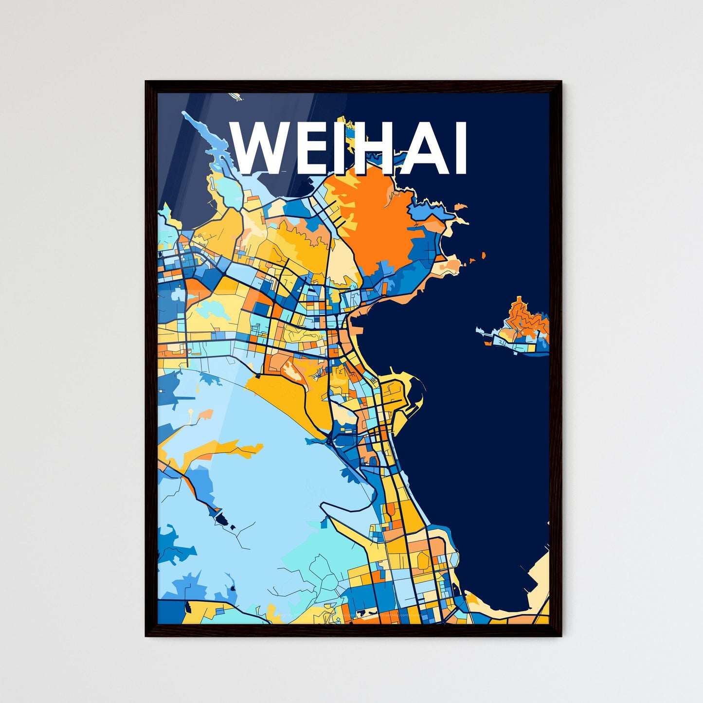 WEIHAI CHINA Vibrant Colorful Art Map Poster Blue Orange