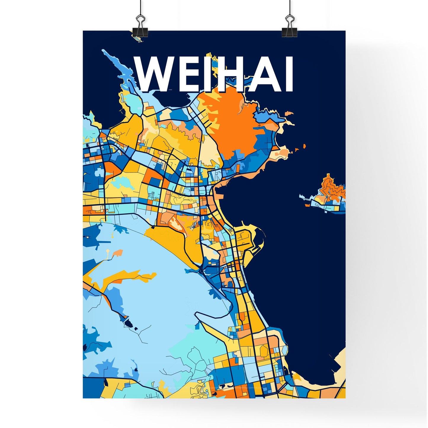 WEIHAI CHINA Vibrant Colorful Art Map Poster Blue Orange