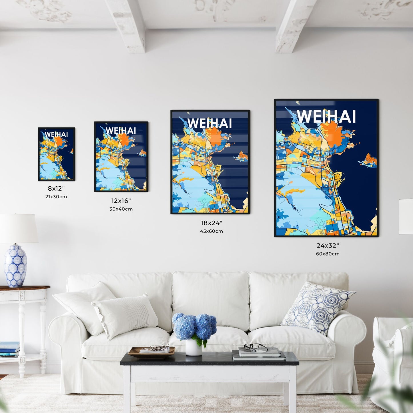 WEIHAI CHINA Vibrant Colorful Art Map Poster Blue Orange