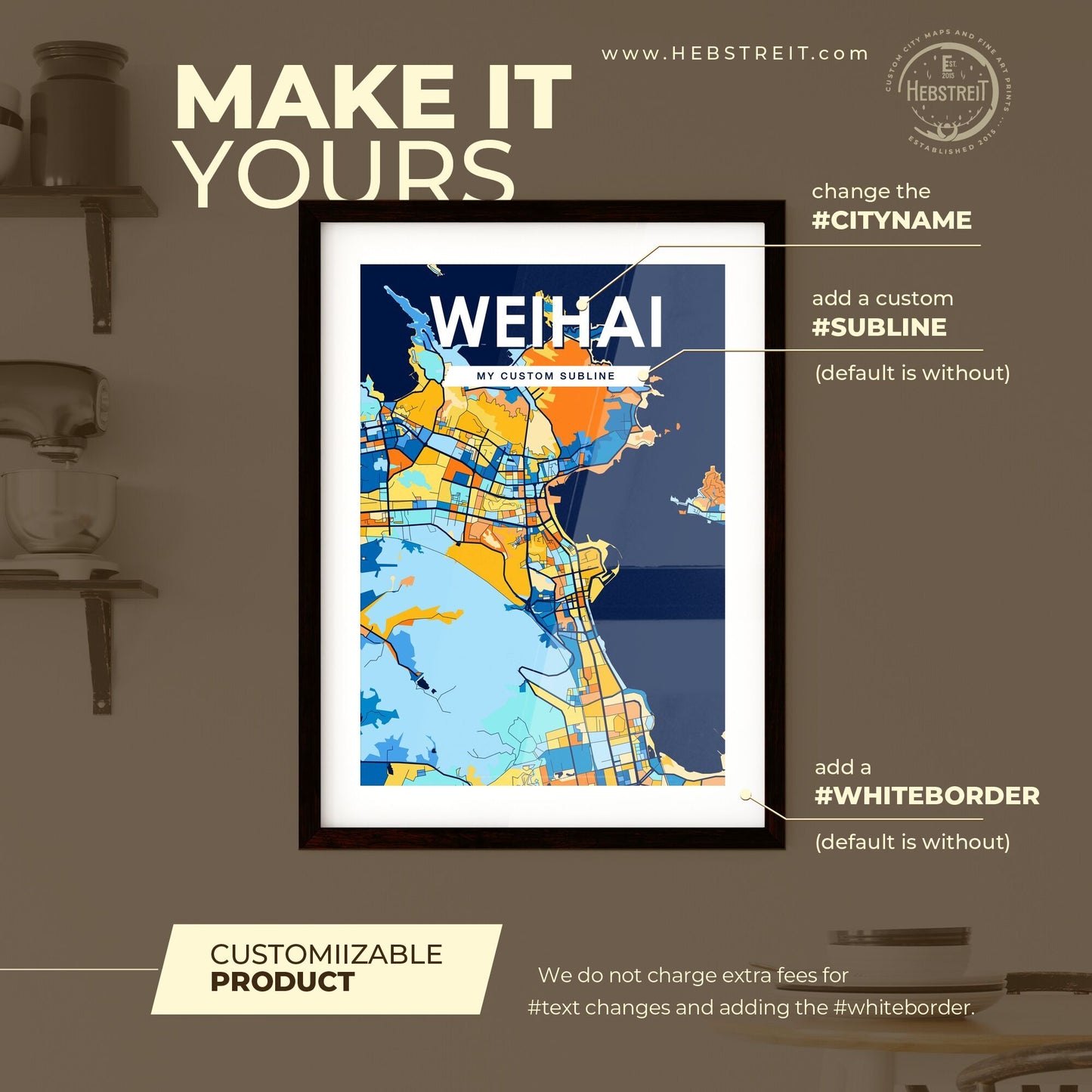 WEIHAI CHINA Vibrant Colorful Art Map Poster Blue Orange