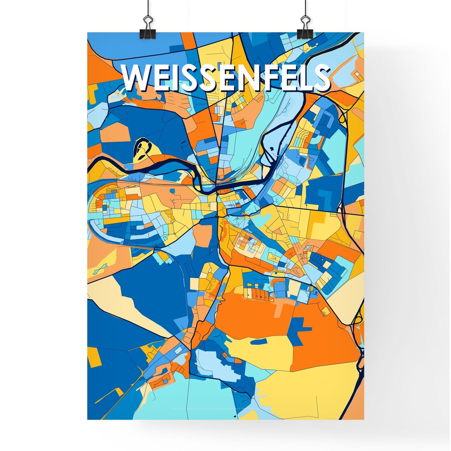 WEISSENFELS GERMANY Vibrant Colorful Art Map Poster Blue Orange