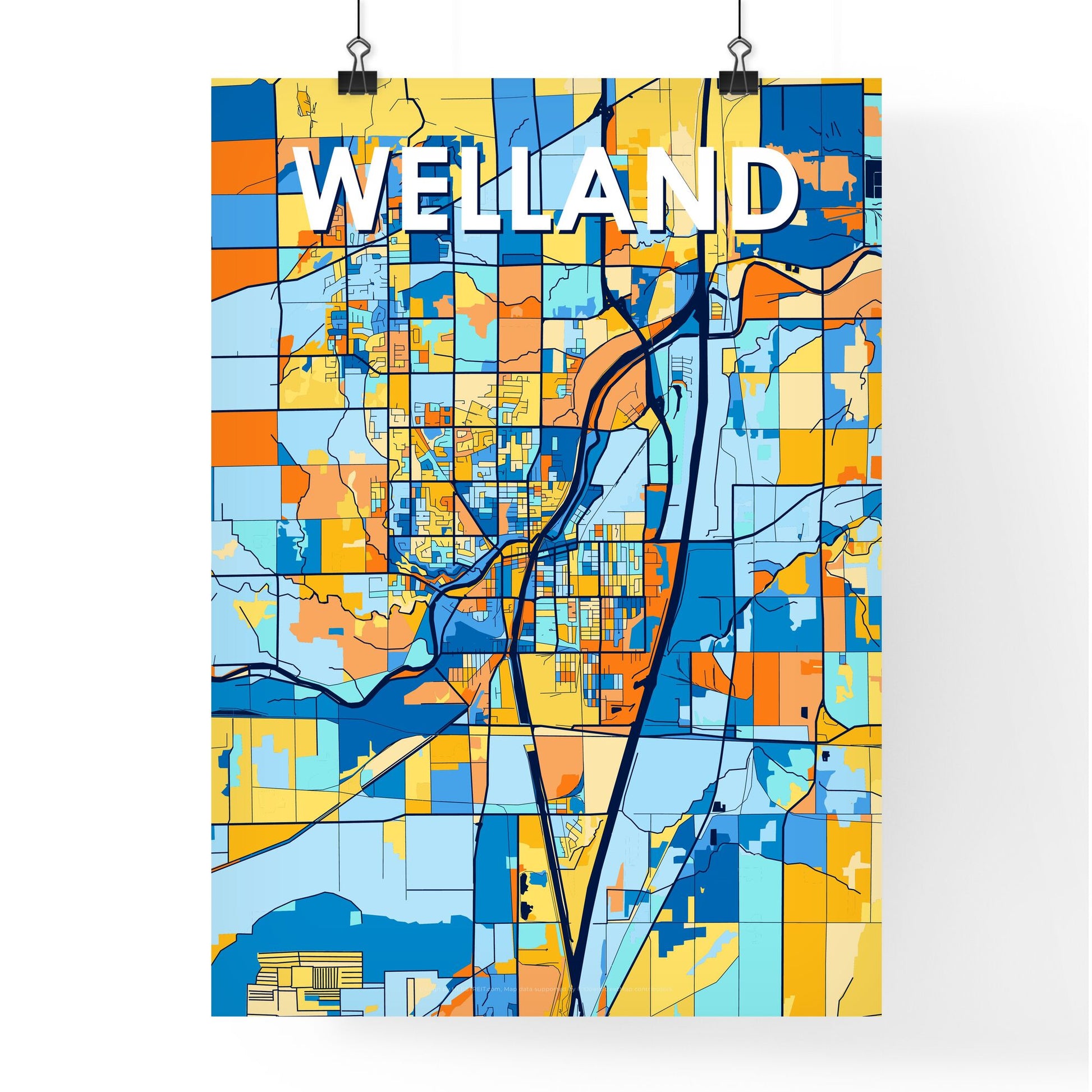 WELLAND CANADA Vibrant Colorful Art Map Poster Blue Orange