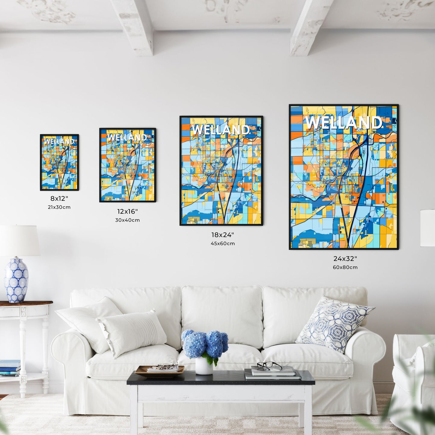 WELLAND CANADA Vibrant Colorful Art Map Poster Blue Orange