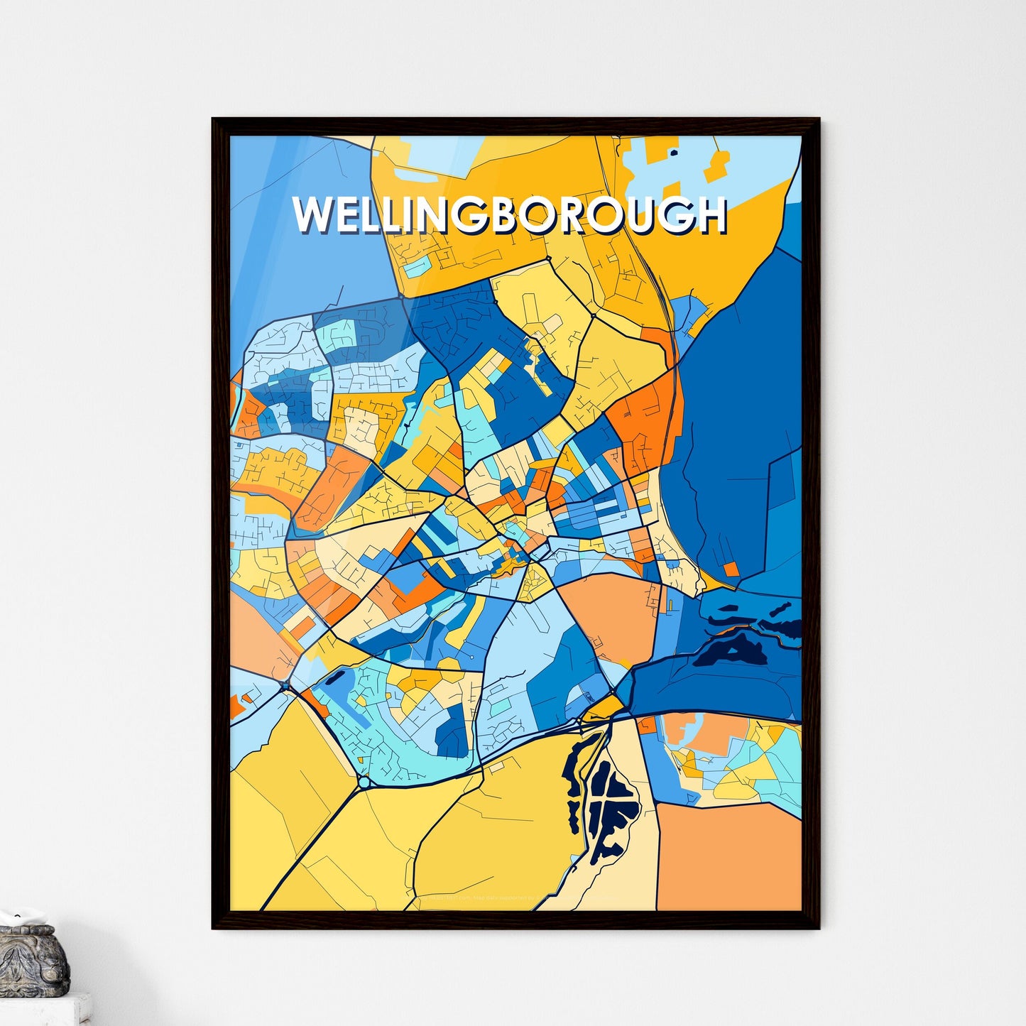 WELLINGBOROUGH ENGLAND Vibrant Colorful Art Map Poster Blue Orange