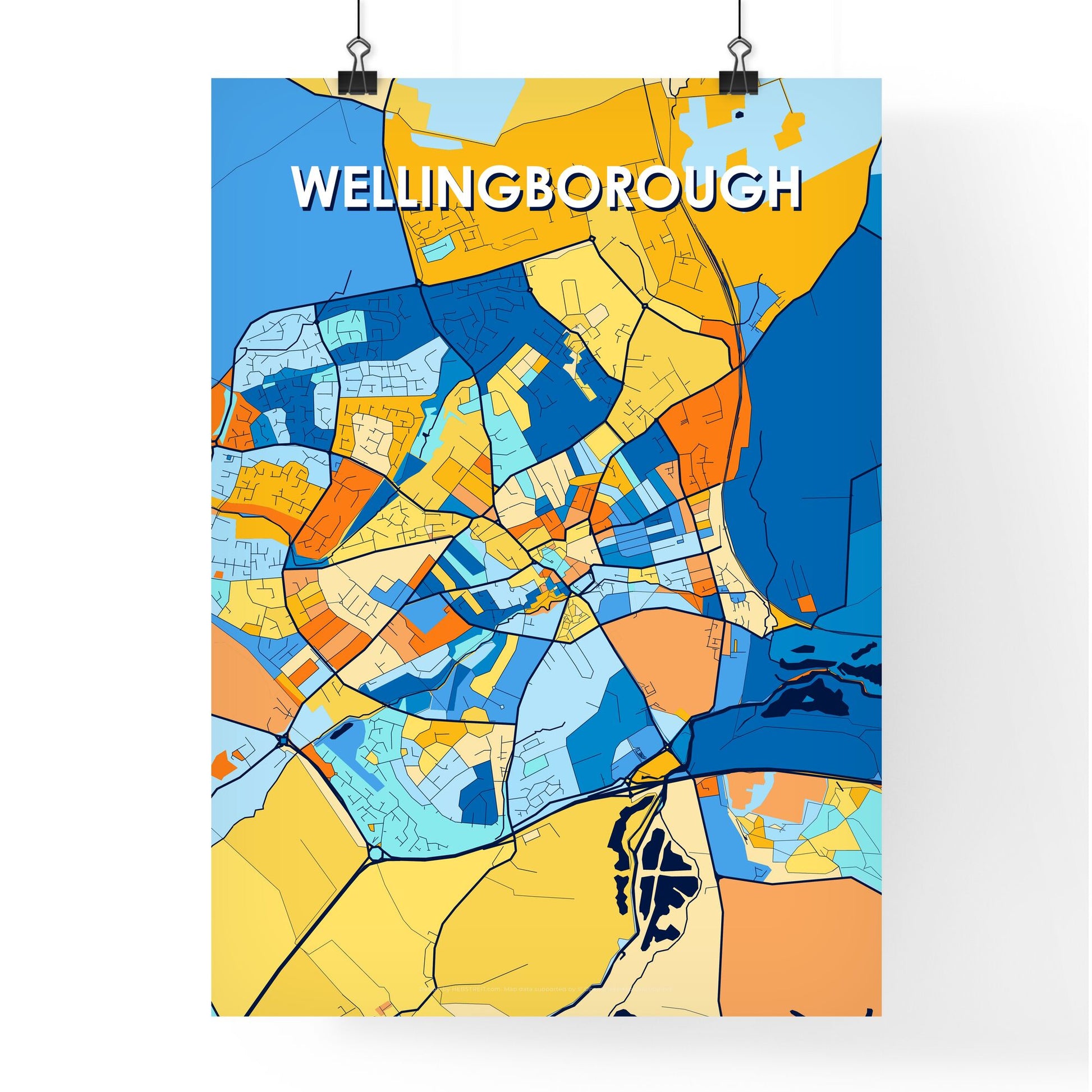 WELLINGBOROUGH ENGLAND Vibrant Colorful Art Map Poster Blue Orange