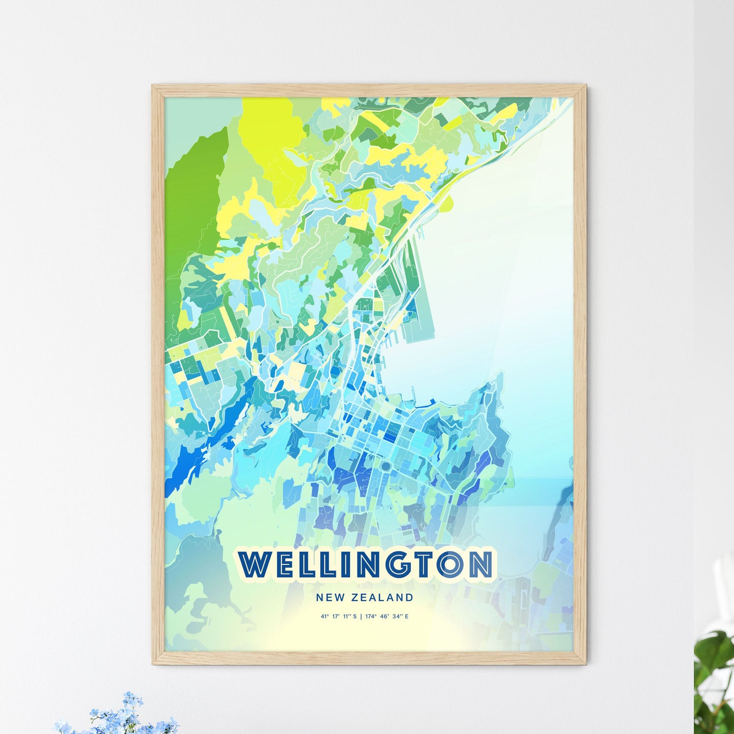 Colorful Wellington New Zealand Fine Art Map Cool Blue