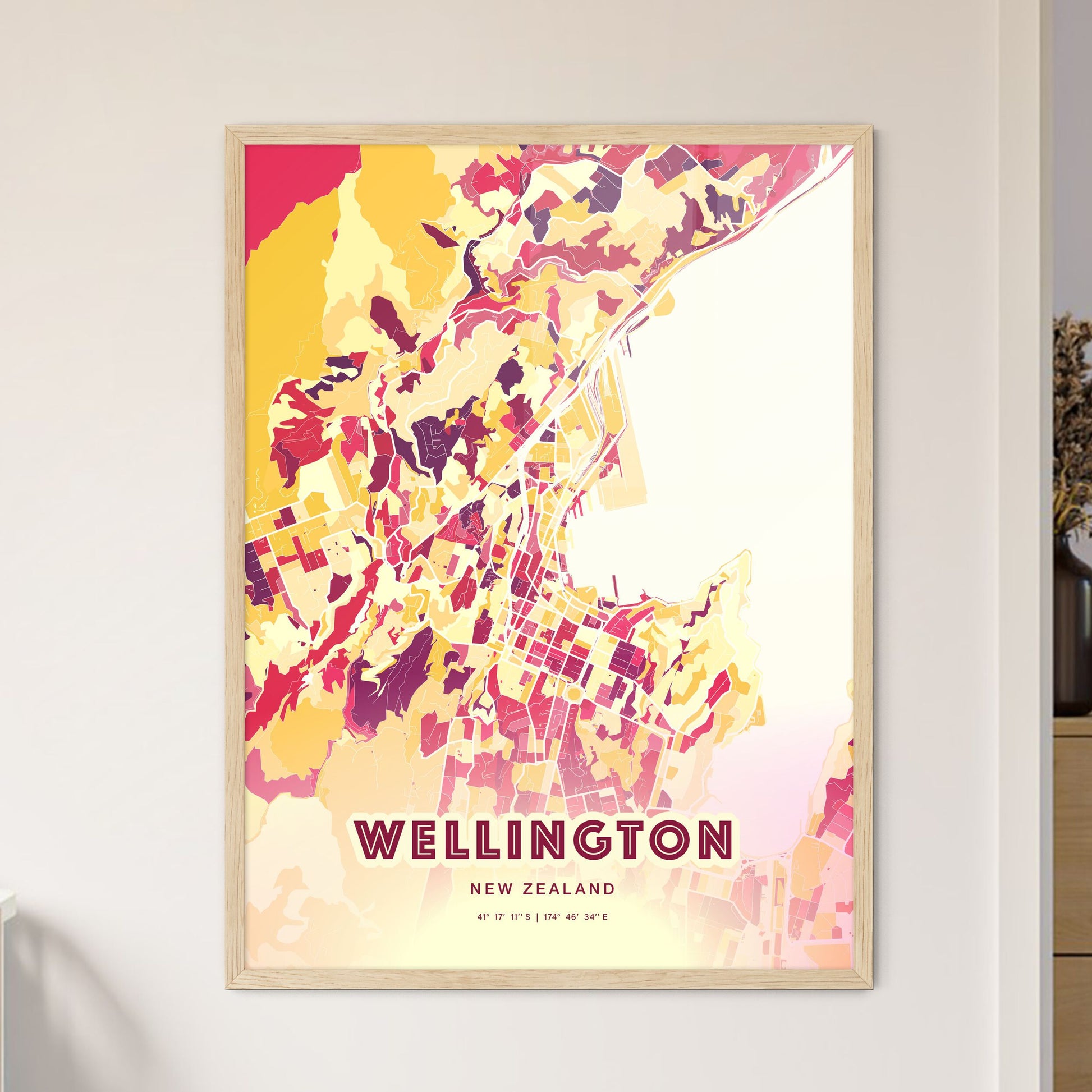 Colorful Wellington New Zealand Fine Art Map Hot Red