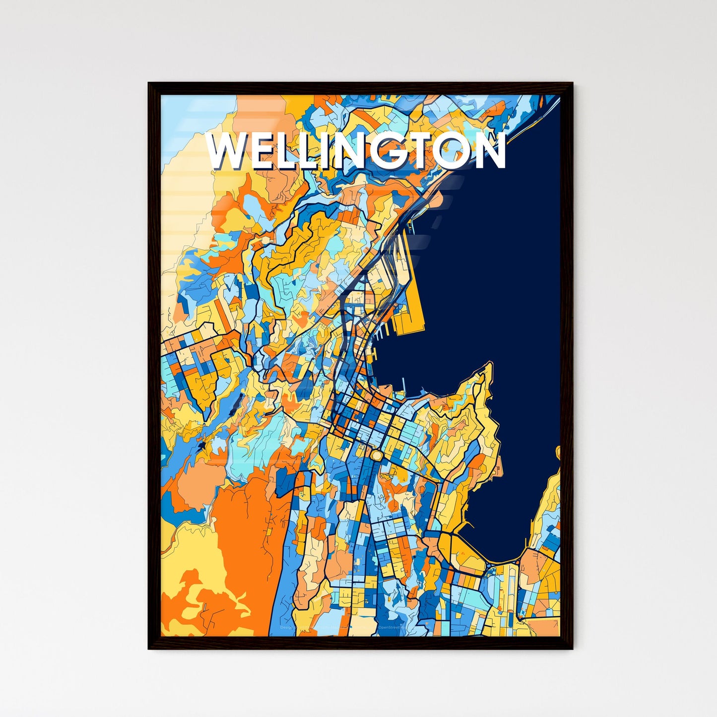 WELLINGTON NEW ZEALAND Vibrant Colorful Art Map Poster Blue Orange