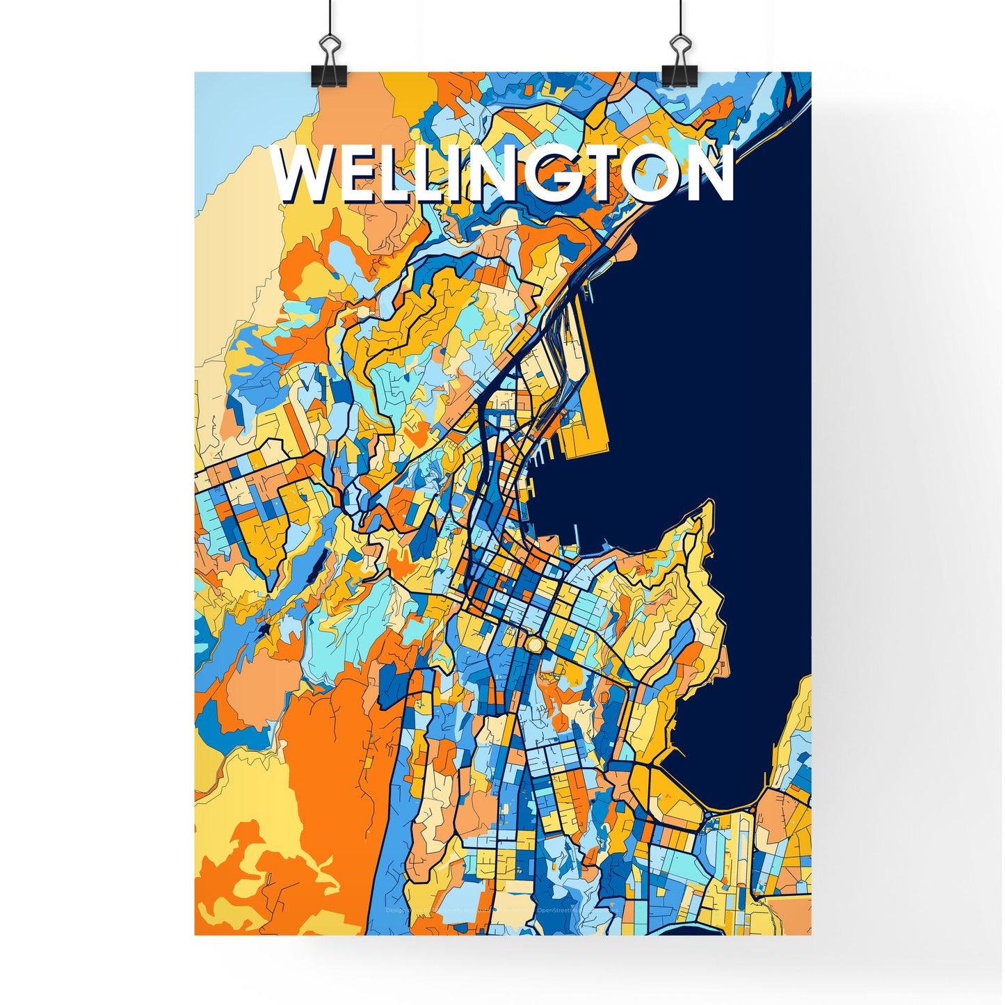 WELLINGTON NEW ZEALAND Vibrant Colorful Art Map Poster Blue Orange