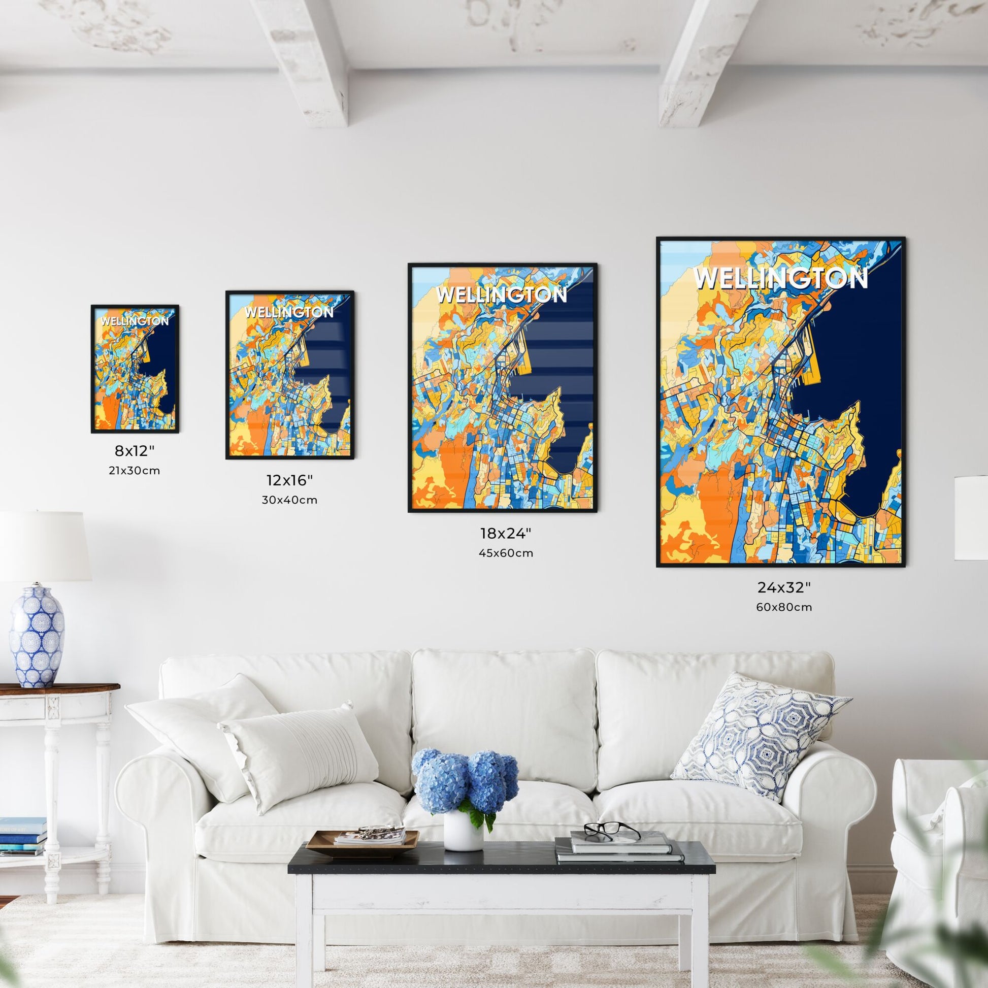 WELLINGTON NEW ZEALAND Vibrant Colorful Art Map Poster Blue Orange