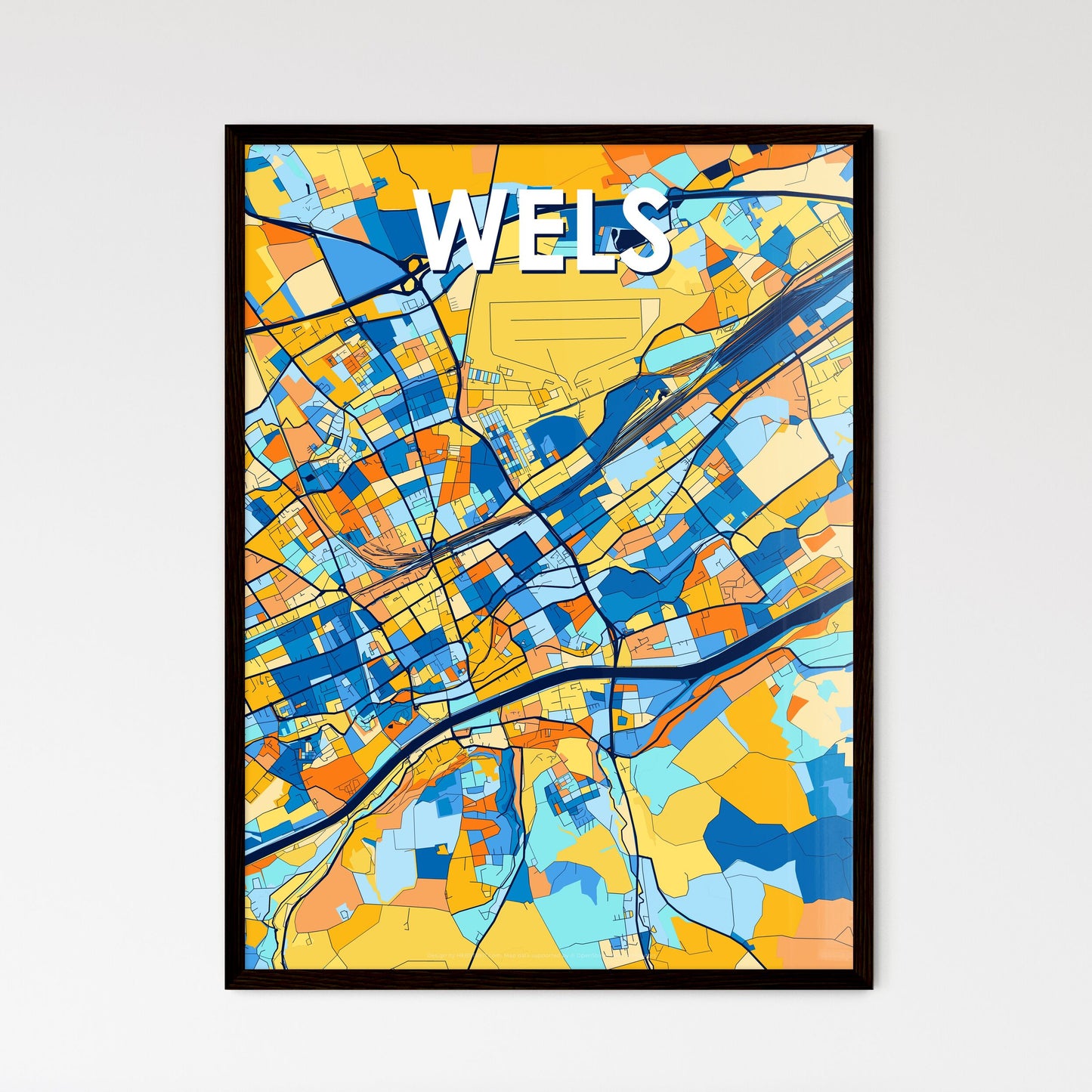 WELS AUSTRIA Vibrant Colorful Art Map Poster Blue Orange