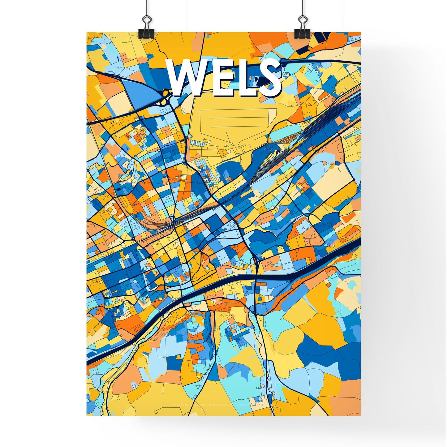 WELS AUSTRIA Vibrant Colorful Art Map Poster Blue Orange