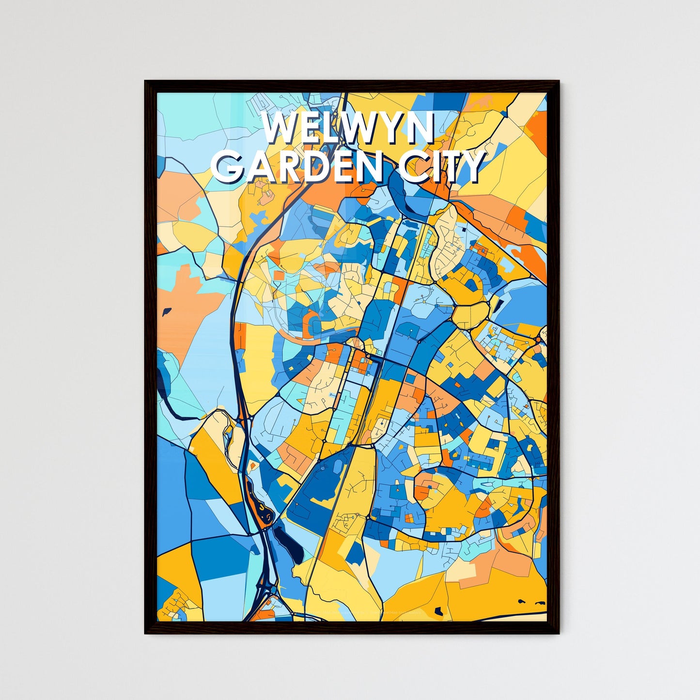 WELWYN GARDEN CITY ENGLAND Vibrant Colorful Art Map Poster Blue Orange