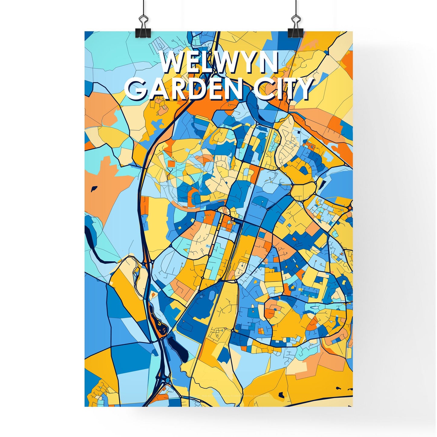 WELWYN GARDEN CITY ENGLAND Vibrant Colorful Art Map Poster Blue Orange