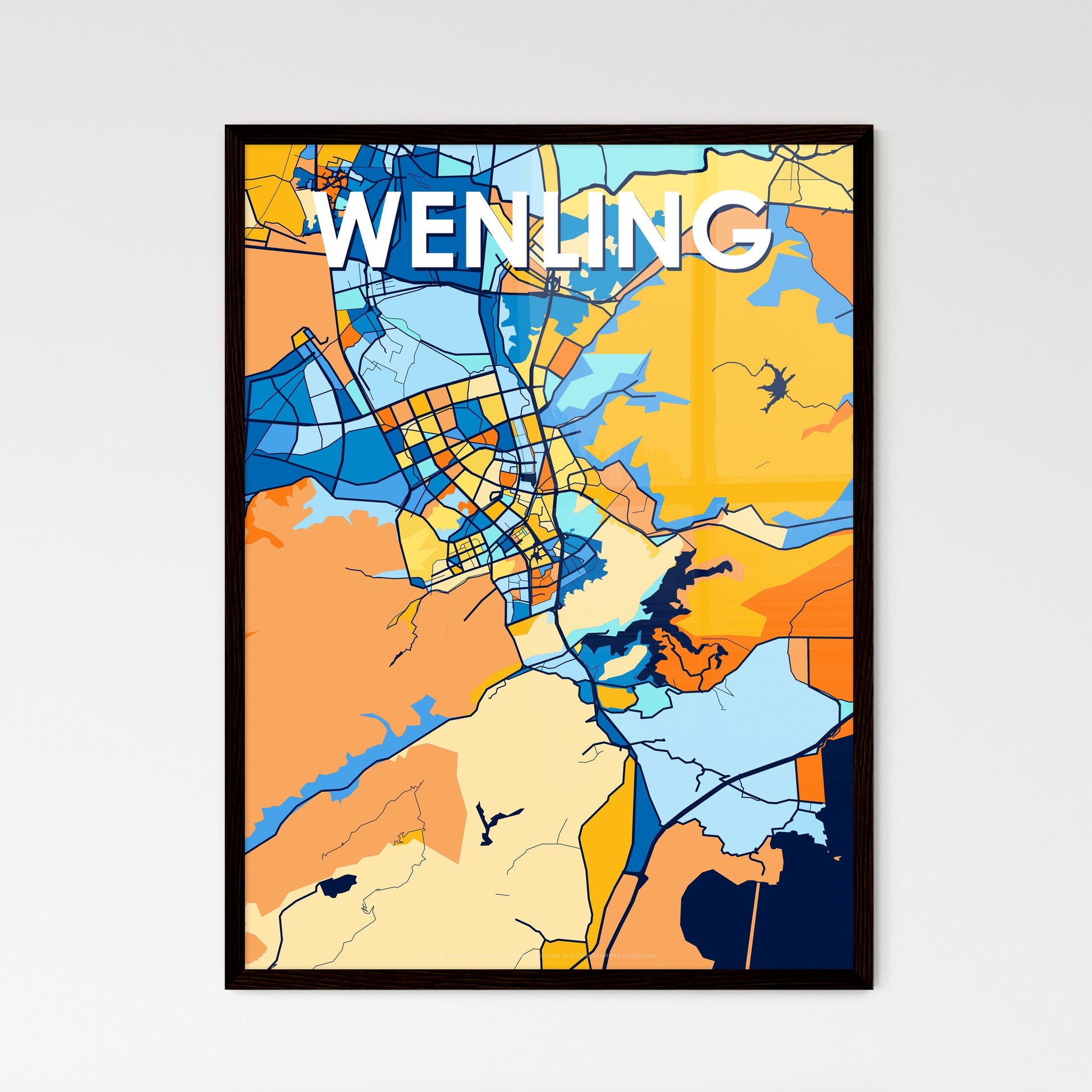 WENLING CHINA Vibrant Colorful Art Map Poster Blue Orange