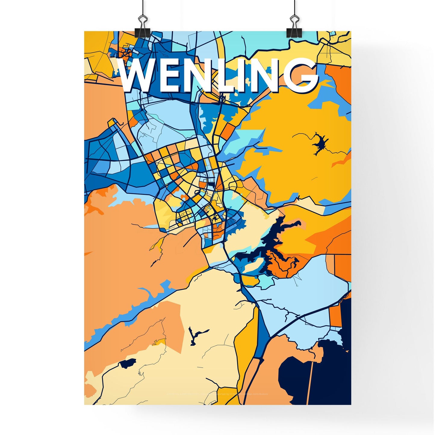 WENLING CHINA Vibrant Colorful Art Map Poster Blue Orange