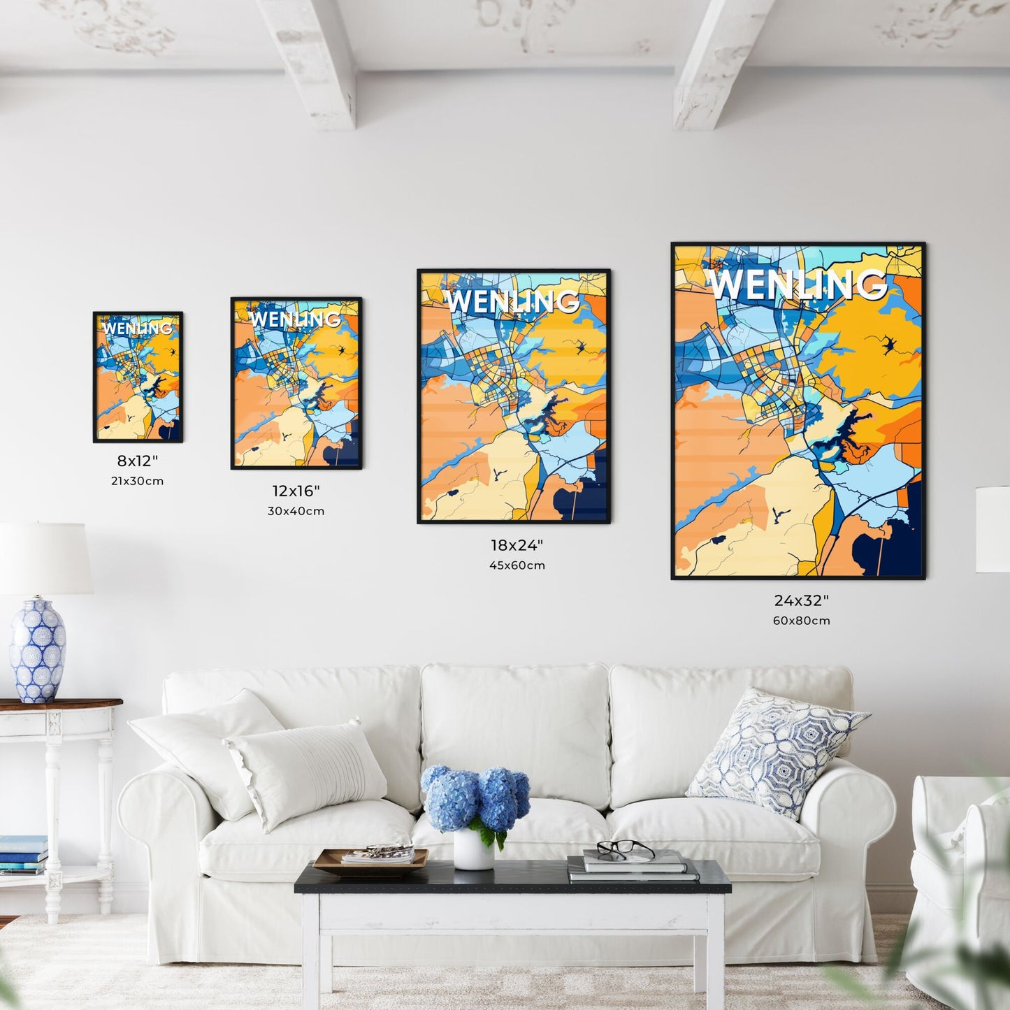 WENLING CHINA Vibrant Colorful Art Map Poster Blue Orange