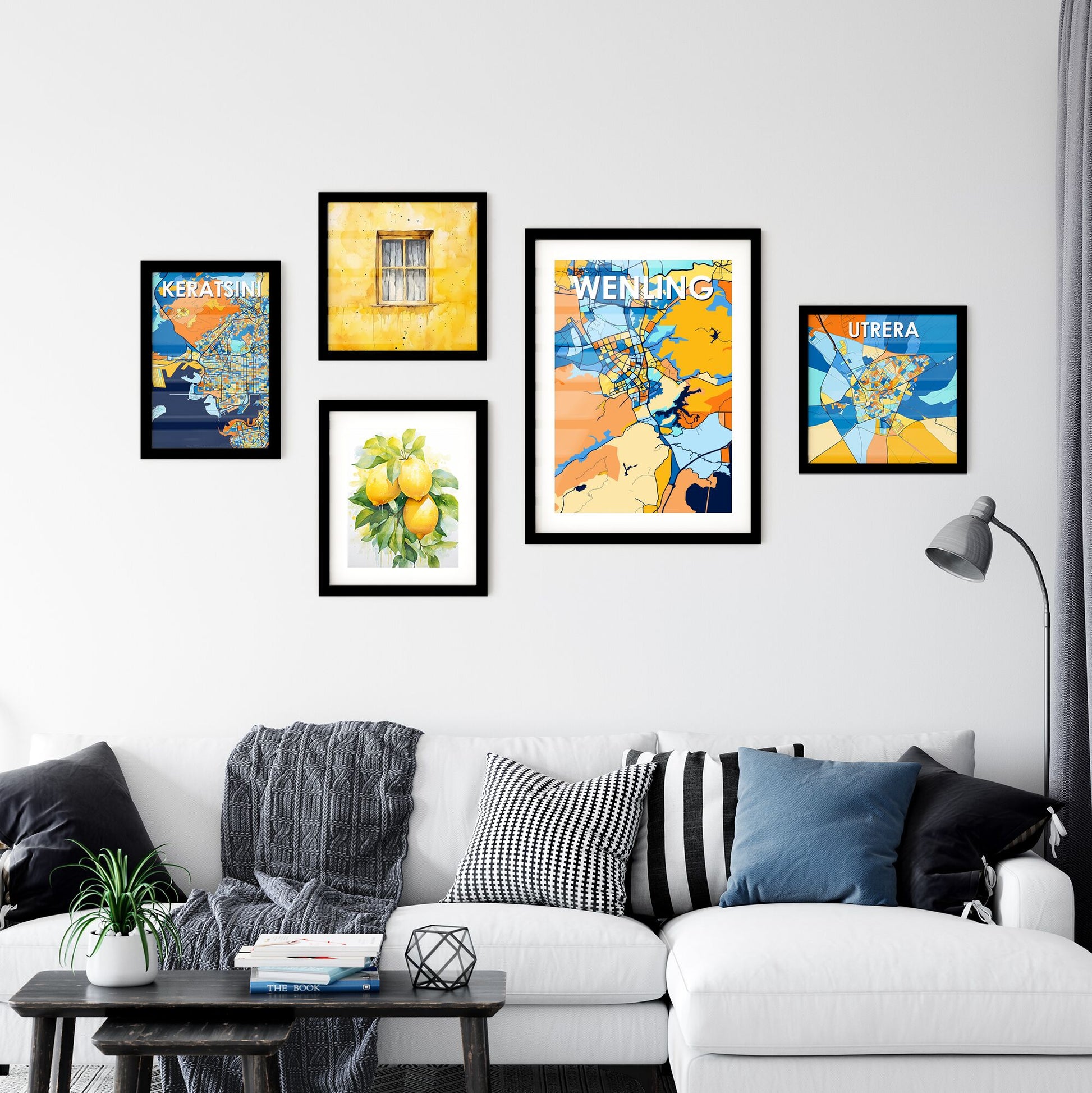 WENLING CHINA Vibrant Colorful Art Map Poster Blue Orange