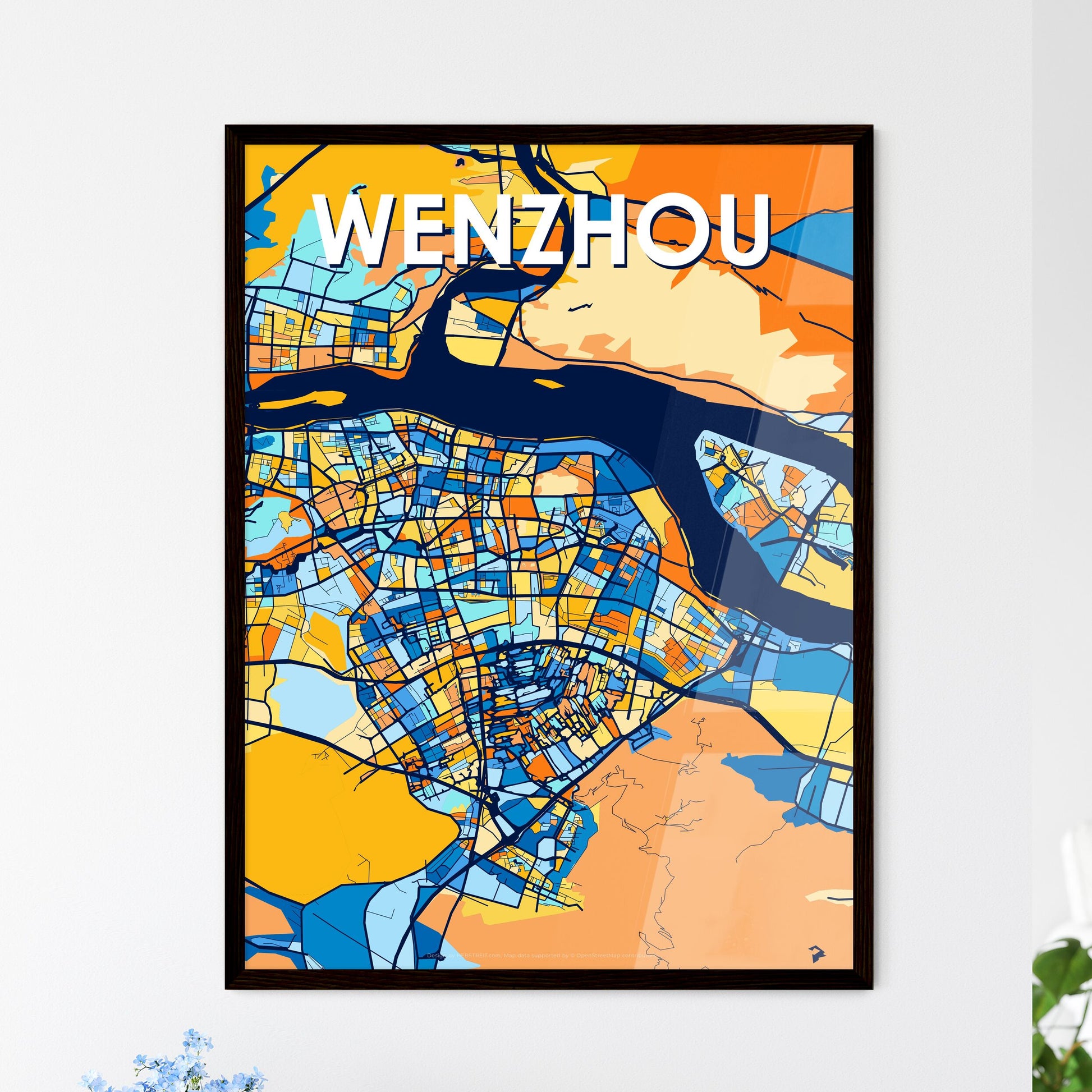 WENZHOU CHINA Vibrant Colorful Art Map Poster Blue Orange