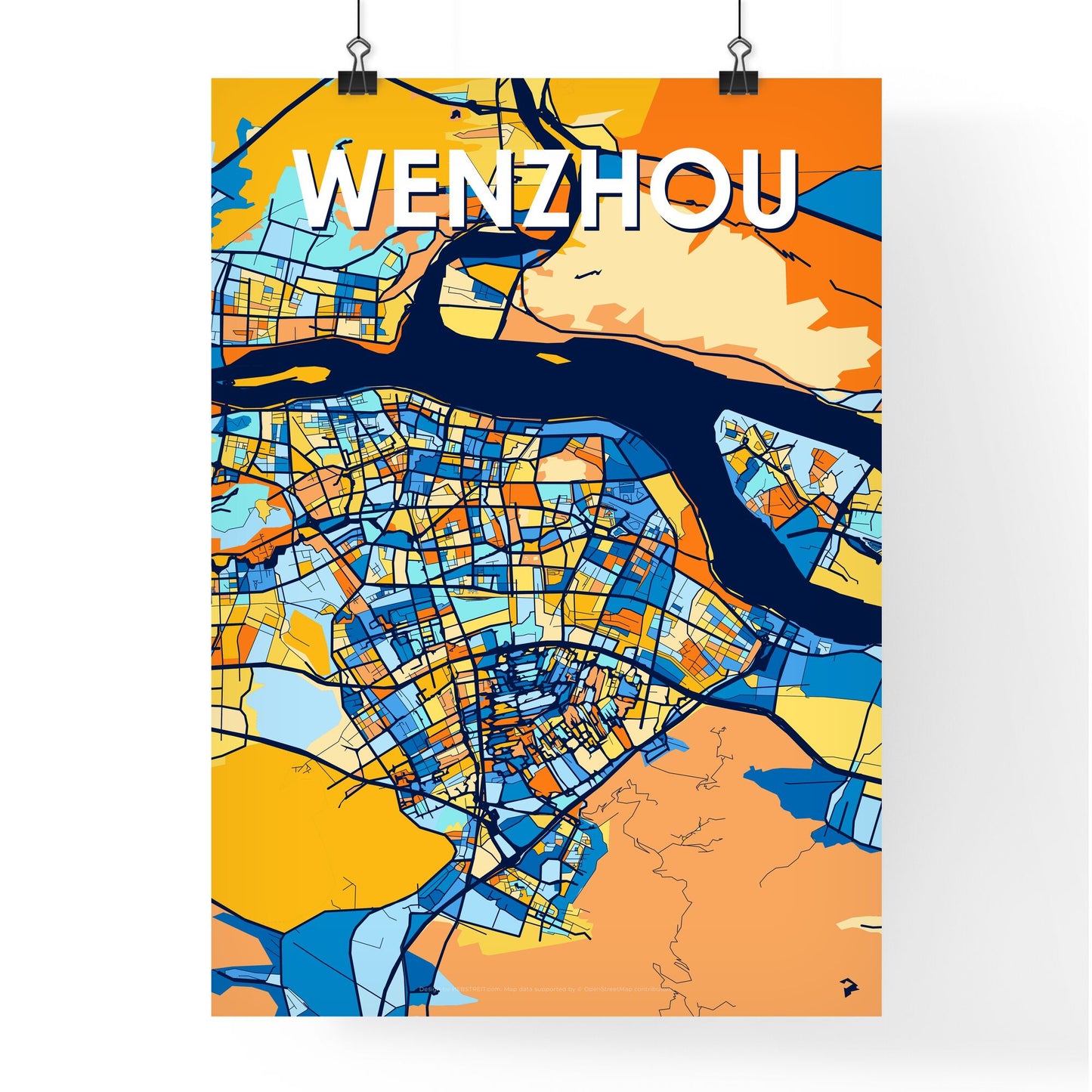 WENZHOU CHINA Vibrant Colorful Art Map Poster Blue Orange