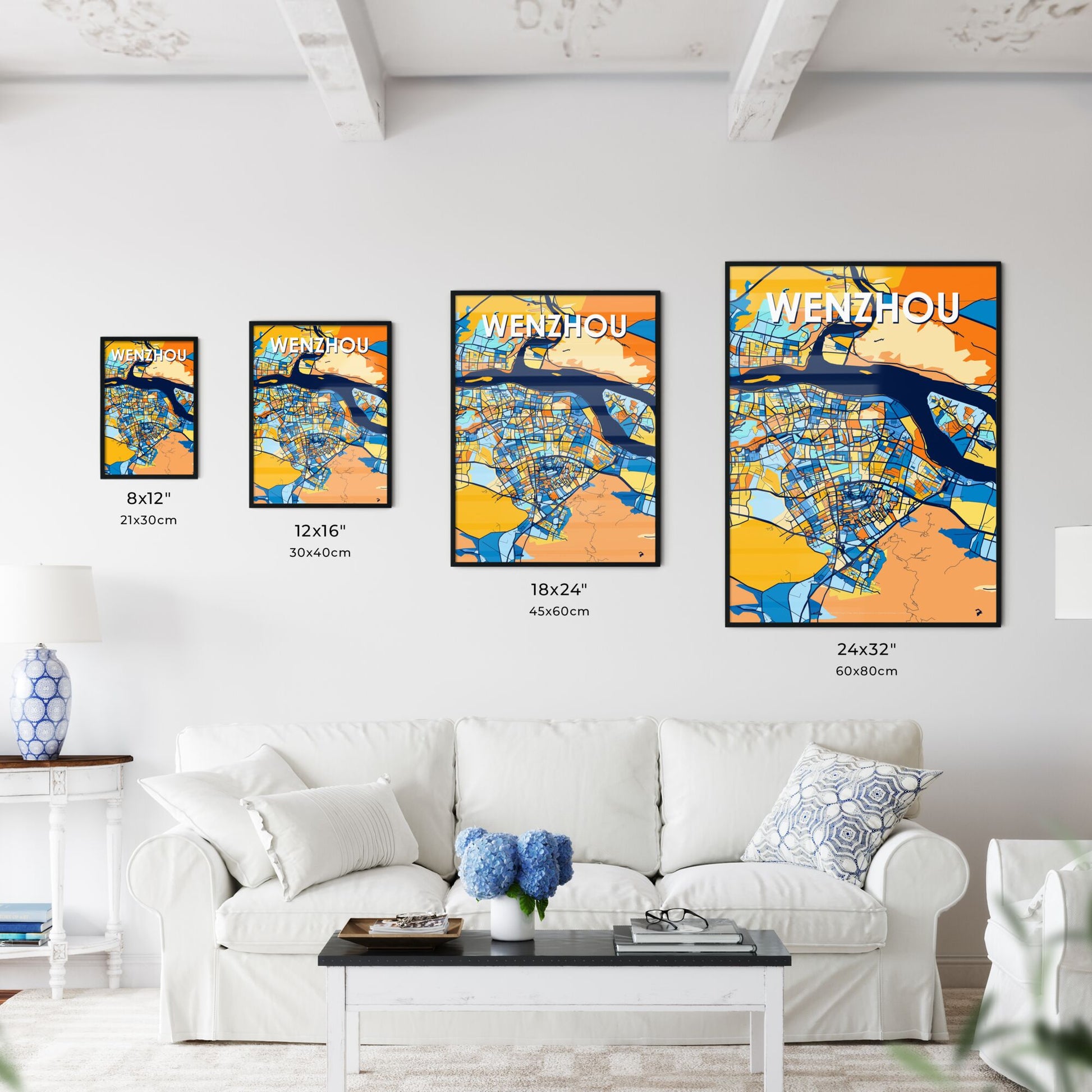 WENZHOU CHINA Vibrant Colorful Art Map Poster Blue Orange